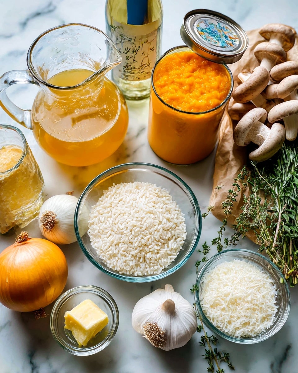 A top view of various cooking ingredients arranged on a white marbled surface, including a glass bowl filled with small, white arborio rice grains in the center, a can of bright orange pumpkin puree with its lid partially open above it, a clear glass pitcher of golden vegetable stock on the left, a bottle of white wine with a blue cap behind the rice, a single yellow onion on the lower left, a small glass dish with a chunk of pale yellow butter near the center bottom, a whole bulb of white garlic nearby, a small clear bowl filled with grated white pecorino cheese at the bottom right, a bunch of fresh green herbs like rosemary and thyme on the right, and a brown paper bag holding several light brown mushrooms with white stems at the top right corner photo taken with an iphone --ar 4:5 --v 7