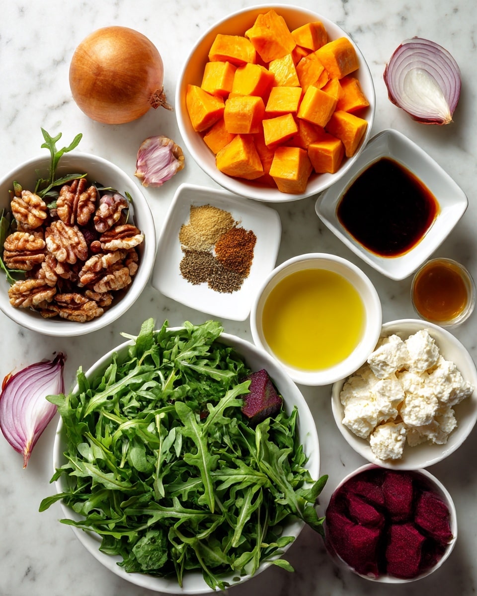 The image shows several white bowls with different ingredients placed on a white marbled surface. At the top center is a white bowl filled with bright orange cubed sweet potato. To its right, a small white square dish has three types of brown spices. Below the sweet potato is a large white bowl full of fresh, bright green arugula leaves. To its left, a white bowl holds brown walnut halves and pieces. Below the walnuts, a white bowl contains deep red cubed beets. Next to the beets on the right is a white bowl filled with crumbly white feta cheese. To the bottom right corner, a white bowl holds pale yellow olive oil. Further left, there is a peeled red onion half, a small bowl of honey, a bowl of mustard with a creamy light yellow texture, and a bowl of dark balsamic vinegar. The colors are clear and the bowls are neat with no spills. Photo taken with an iphone --ar 4:5 --v 7