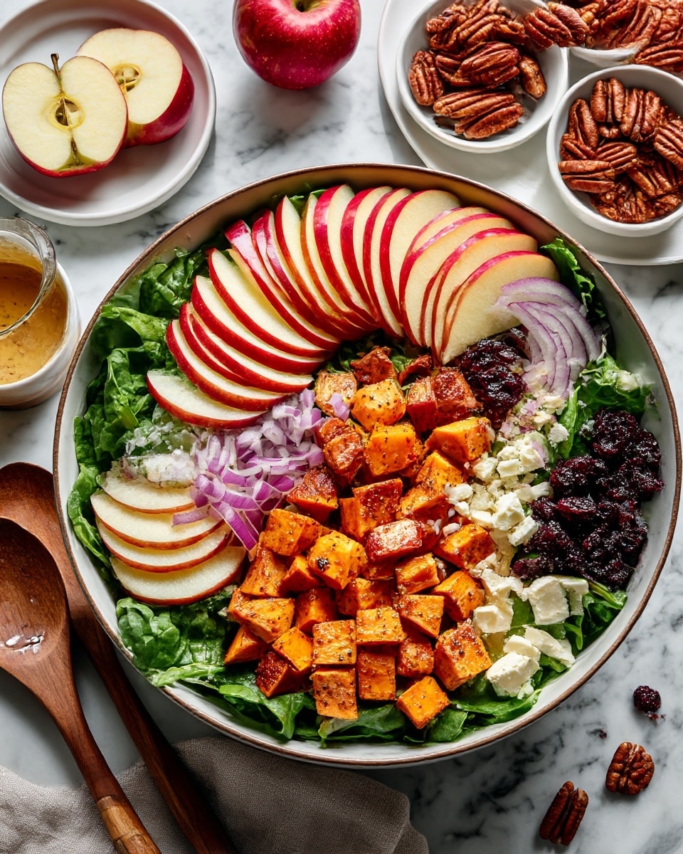 The image shows a large round gray bowl filled with fresh salad layers. At the bottom, there is a bed of green leafy arugula spread evenly. On top of the greens, there are slices of red and yellow apples arranged in neat fan shapes on two sides. In the center, roasted orange sweet potato cubes are piled high with a slightly charred look. Around the bowl, there are scattered white crumbled cheese pieces, thin rings of light purple onion, and a few pecan nuts placed mainly near the sweet potatoes. Wooden salad spoons are resting inside the bowl on the left side. Around the bowl on the white marbled surface, there are two white small plates: one with pecans and dried cranberries, and another with a light brown creamy dressing in a ceramic bowl. The photo taken with an iphone --ar 4:5 --v 7