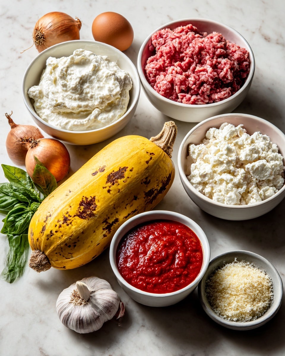 A white marbled surface holds an assortment of cooking ingredients laid out neatly. At the center is a whole, yellow spaghetti squash with brown spots. Surrounding the squash are bowls and items arranged in a circular pattern: at top left, a white bowl filled with smooth, white ricotta cheese; top right, a white bowl of raw Italian sausage ground meat with pink and white colors mixed; below that on the right, a white bowl filled with crumbled white mozzarella cheese. In the lower right section is a small gray bowl of grated light beige parmesan cheese. To the left of that is a small bunch of green basil leaves, and above that a brown egg rests on the surface. Top left of the squash is a round brown onion, and below it is a bulb of garlic with white and light brown skin. Finally, on the lower left, there is a white bowl holding bright red marinara sauce with visible texture, marked sugar on it. The whole setting is well-lit, with soft natural light, clearly showing the textures and colors of each ingredient. Photo taken with an iphone --ar 4:5 --v 7