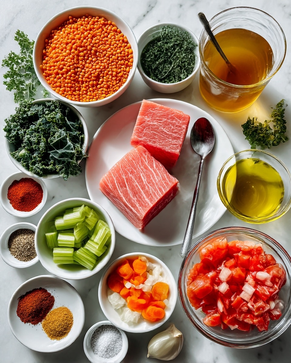 A top view of different ingredients arranged neatly on a white marbled surface, centered by a white plate holding a square block of raw pink turkey meat with fine texture lines. Around it are small white bowls filled with chopped green celery, bright orange carrot slices, finely chopped white onions, and fresh dark green kale leaves. A large white bowl holds orange lentils with a spoon sticking out. Small bowls contain powdered curry, dark brown cumin, red paprika, olive oil with a glossy yellow surface, and a mix of salt and black pepper. There is also a clear glass container filled with light brown broth, a bowl with diced red tomatoes, and finely chopped pale yellow garlic. Some fresh green herbs are partially visible near the edges. photo taken with an iphone --ar 4:5 --v 7