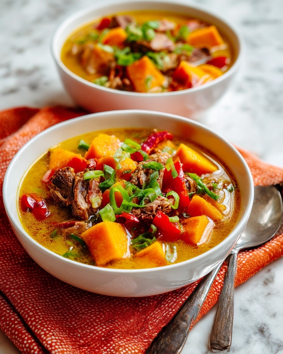 A white bowl filled with thick beef stew that has large chunks of brown beef, bright orange carrot pieces, and light yellow potato cubes all mixed in a rich, brown gravy-like sauce. Scattered throughout are small pieces of light grains and thin green celery, with fresh dark green chopped herbs sprinkled on top. The bowl is on a white marbled surface. photo taken with an iphone --ar 4:5 --v 7