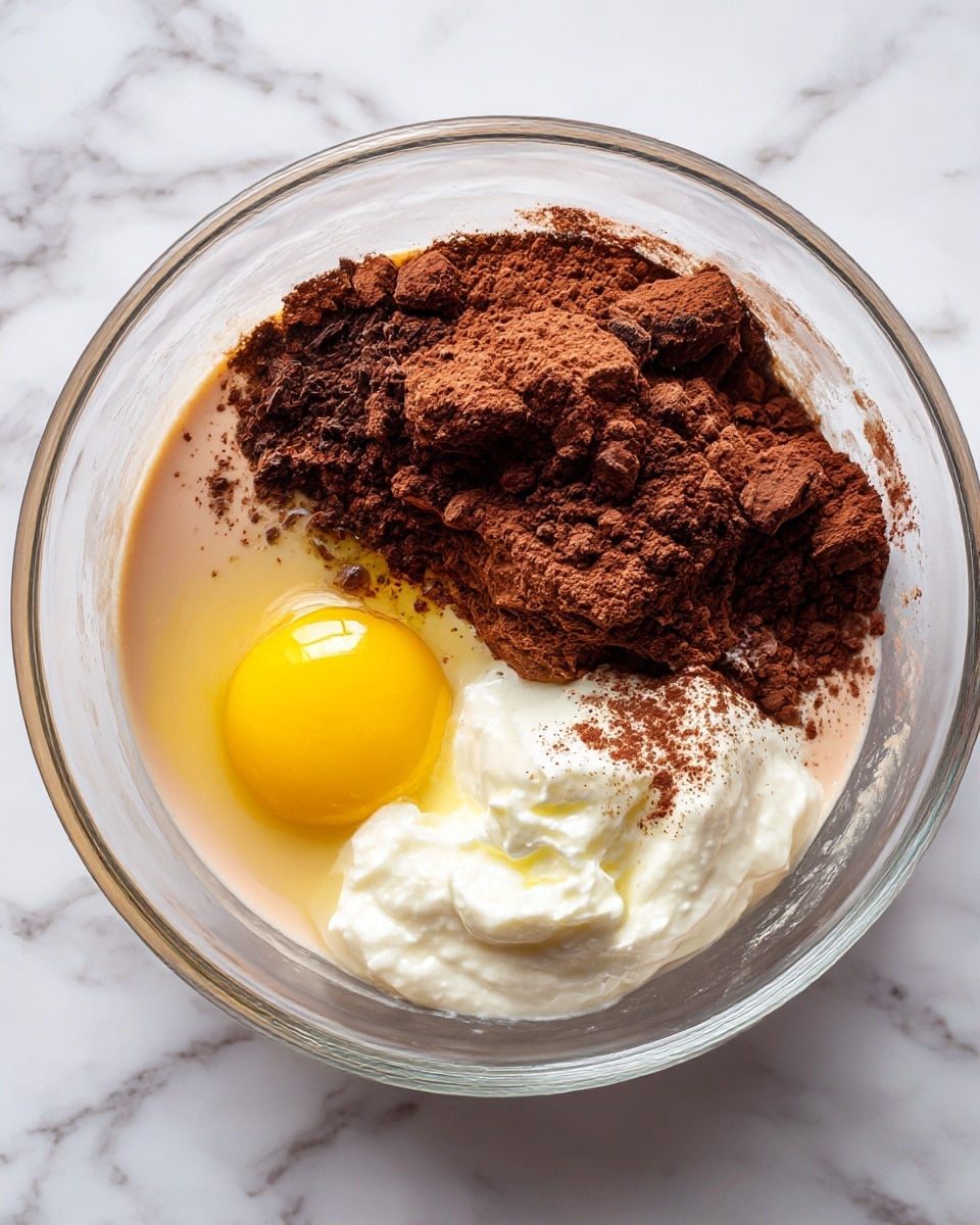 A clear glass bowl on a white marbled surface holds the start of a chocolate batter mix with several layers: at the bottom is a smooth light brown liquid, on top of it are clumps of darker brown cocoa powder unevenly spread, a bright yellow raw egg yolk sits on the left side near the center, and a small dollop of thick white cream or yogurt is on the bottom right side, creating a contrast with the surrounding browns. The mixture looks thick and partially combined with visible textures in the cocoa powder and cream. Photo taken with an iphone --ar 4:5 --v 7