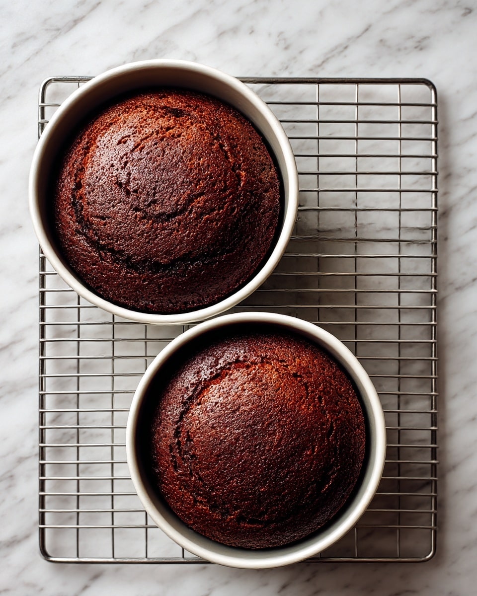 Two round chocolate cakes, baked in white pans, sit on a metal cooling rack. Each cake is dark brown with a slightly cracked surface texture, showing a soft and moist inside. The cakes are centered on the rack, which rests on a white marbled surface. There are no decorations or toppings, just the simple deep brown cakes in their pans. Photo taken with an iphone --ar 4:5 --v 7