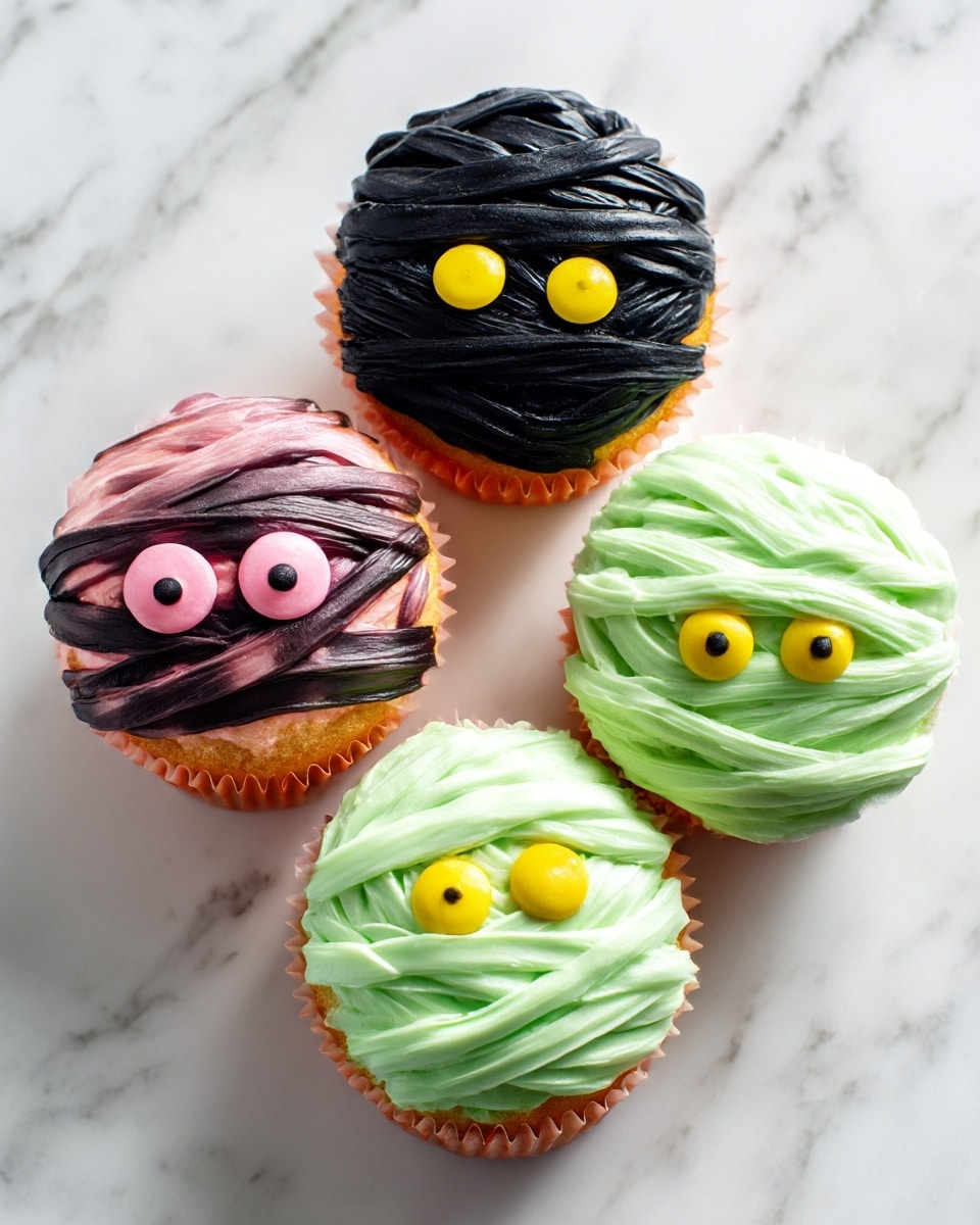 Three cupcakes sit on a white marbled surface, each decorated to look like a mummy face. Two cupcakes have thick light green frosting wrapped in overlapping layers that create a bandage effect, with two yellow candy eyes peeking through a gap near the center. The third cupcake, placed at the top left, has shiny black frosting wrapped in the same bandage style with pink candy eyes looking out. All cupcakes are in orange paper liners. Photo taken with an iphone --ar 4:5 --v 7