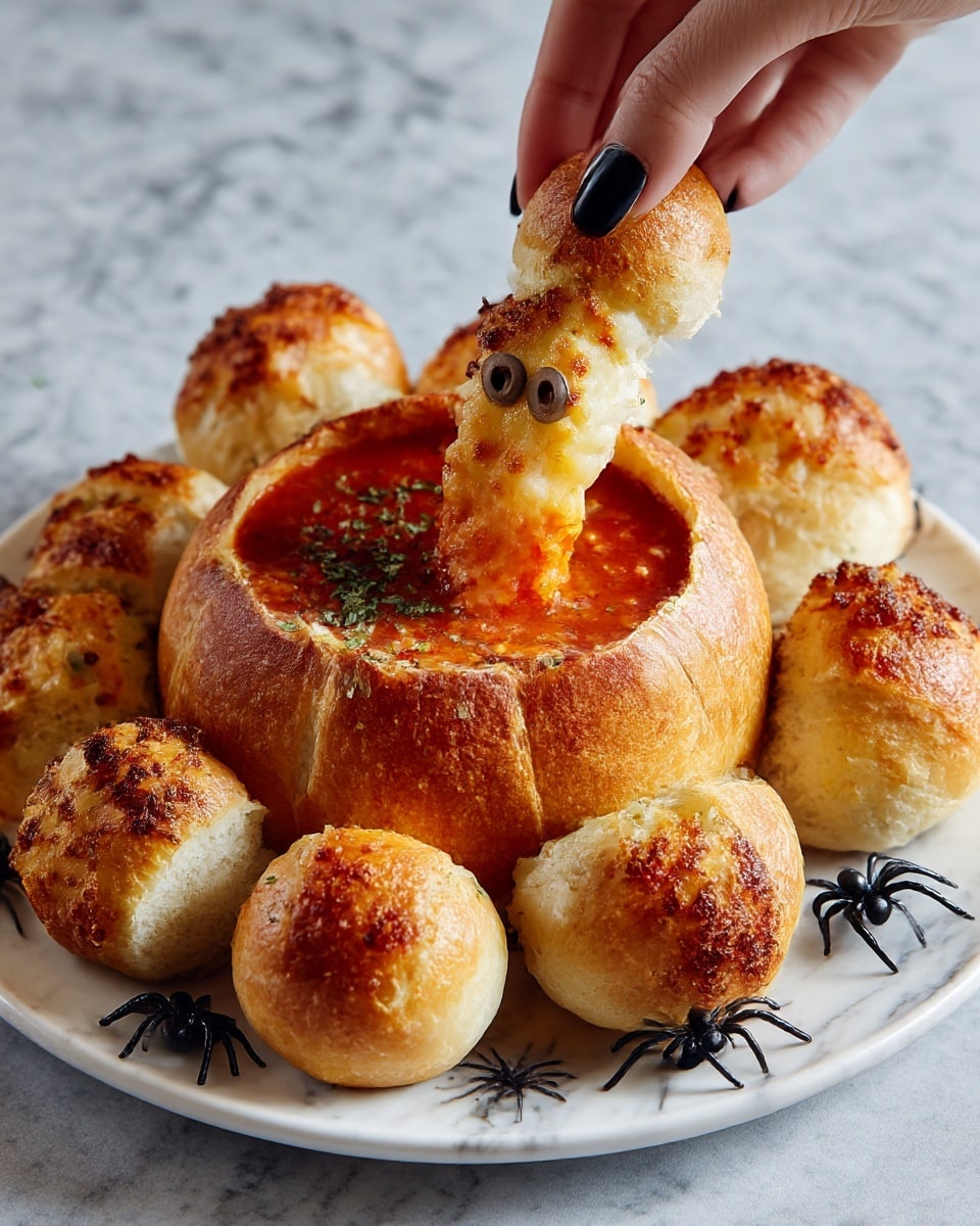 A round bread bowl with a golden-brown crust is in the center of a white plate with a white marbled texture; the inside of the bread bowl is filled with red tomato soup that looks thick and chunky. Around the bread bowl, there are eight long crescent-shaped breadsticks arranged like spider legs, each covered with melted golden cheese and a slightly crispy texture. The bread bowl has two small round bread buns attached to its side, forming a spider's head, with two dark olive slices placed as eyes, making it look like a spider. A woman's hand with black nail polish is holding one breadstick dipped in the tomato soup, with red soup visible on the end of the breadstick. Small black plastic spiders are placed as decorations near the breadsticks on the plate. Photo taken with an iphone --ar 4:5 --v 7