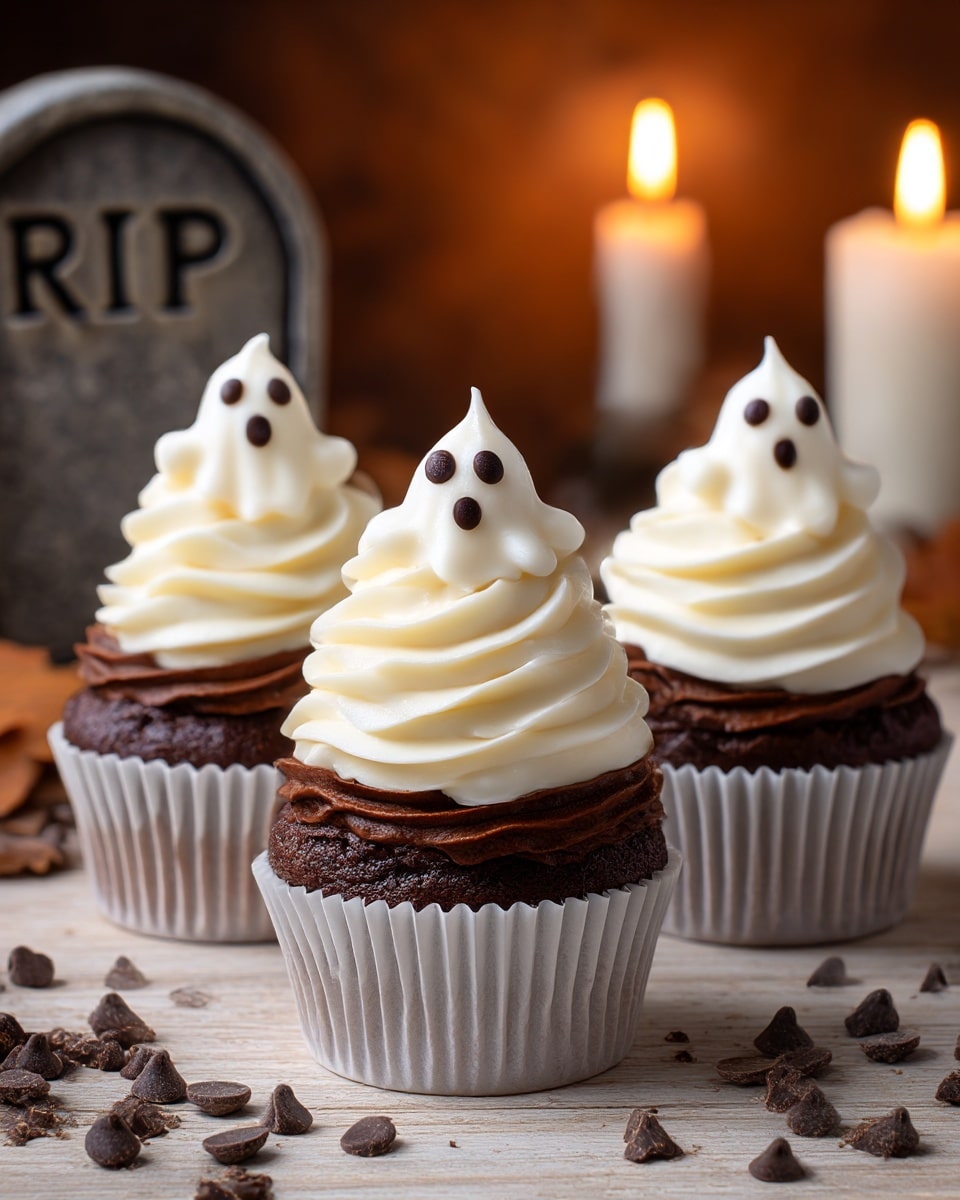 A chocolate cupcake in a dark brown paper cup sits in the front center, topped with three thick layers of white frosting swirled to a peak, decorated with two small dark chocolate dots resembling eyes near the top layer. Behind it, two more identical cupcakes are visible, both also having three swirled layers of white frosting with dark chocolate eyes. The cupcakes rest on a light wooden surface scattered with dark chocolate crumbs and chips. The background is softly blurred with warm light from a candle on the right side. photo taken with an iphone --ar 4:5 --v 7