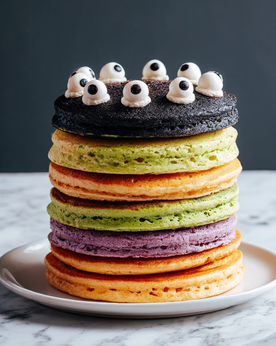 A tall stack of eight pancakes is shown on a white plate over a white marbled surface. The pancakes alternate in four colors from bottom to top: black, green, purple, orange, black, purple, orange, and black. Each pancake is thick and fluffy with a smooth texture. The top black pancake is decorated with small white round dollops placed evenly around the edge, each dollop topped with a small black dot, creating an eye-like effect. The background is dark, making the bright colors of the pancakes stand out. Photo taken with an iphone --ar 4:5 --v 7