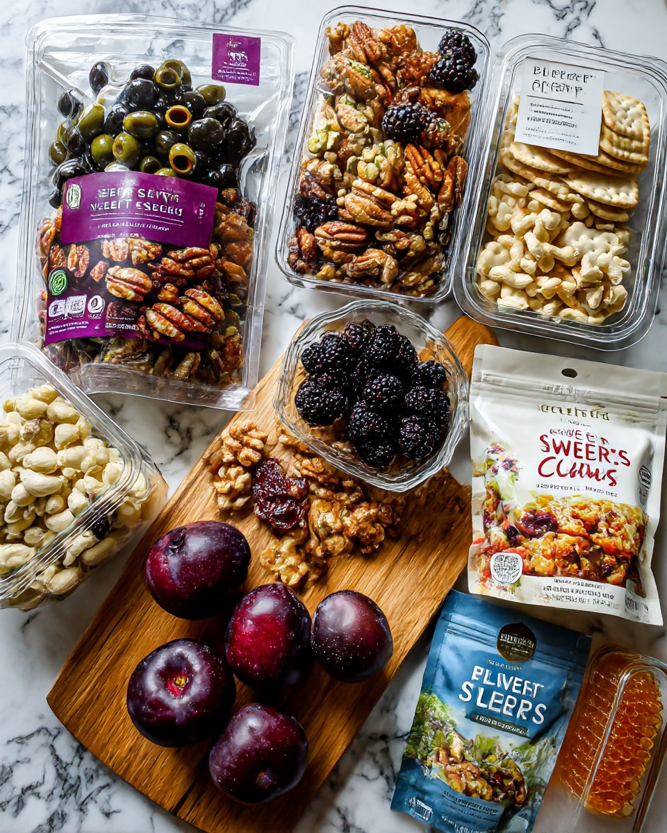 A large white wooden board filled with many layers of different foods. In the middle, two small white pumpkins sit surrounded by clusters of dark blueberries and blackberries. To the top left is a large wedge of blue cheese with purple salami slices next to it. Below are small green olives in a wooden bowl, and dark grapes spilling out around it. To the right are folded reddish-brown meats and a round cheese topped with black pepper. Near the center is a glass jar filled with honey and a wooden honey dipper resting on it. There are also orange cheddar cheese chunks and small pumpkin-shaped cheese balls with green leaves on top. Halved fresh figs and small pickles are spread evenly among the layers. The background is a white marbled texture. photo taken with an iphone --ar 4:5 --v 7