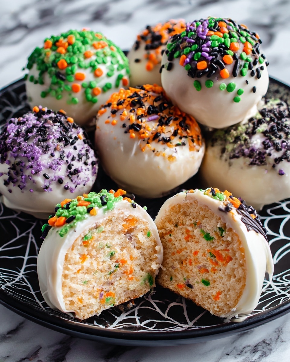 The image shows five round cake balls on a white plate with a spider web design. Four cake balls are whole and coated in smooth white layer with colorful small round sprinkles on top in colors like green, orange, black, and purple. One cake ball is cut in half, revealing a soft, dense inside layer filled with tiny colorful sprinkles mixed throughout in a creamy beige color. The cake balls have a neat, glossy coating and the sprinkles add a playful touch. The plate is on a white marbled surface. photo taken with an iphone --ar 4:5 --v 7