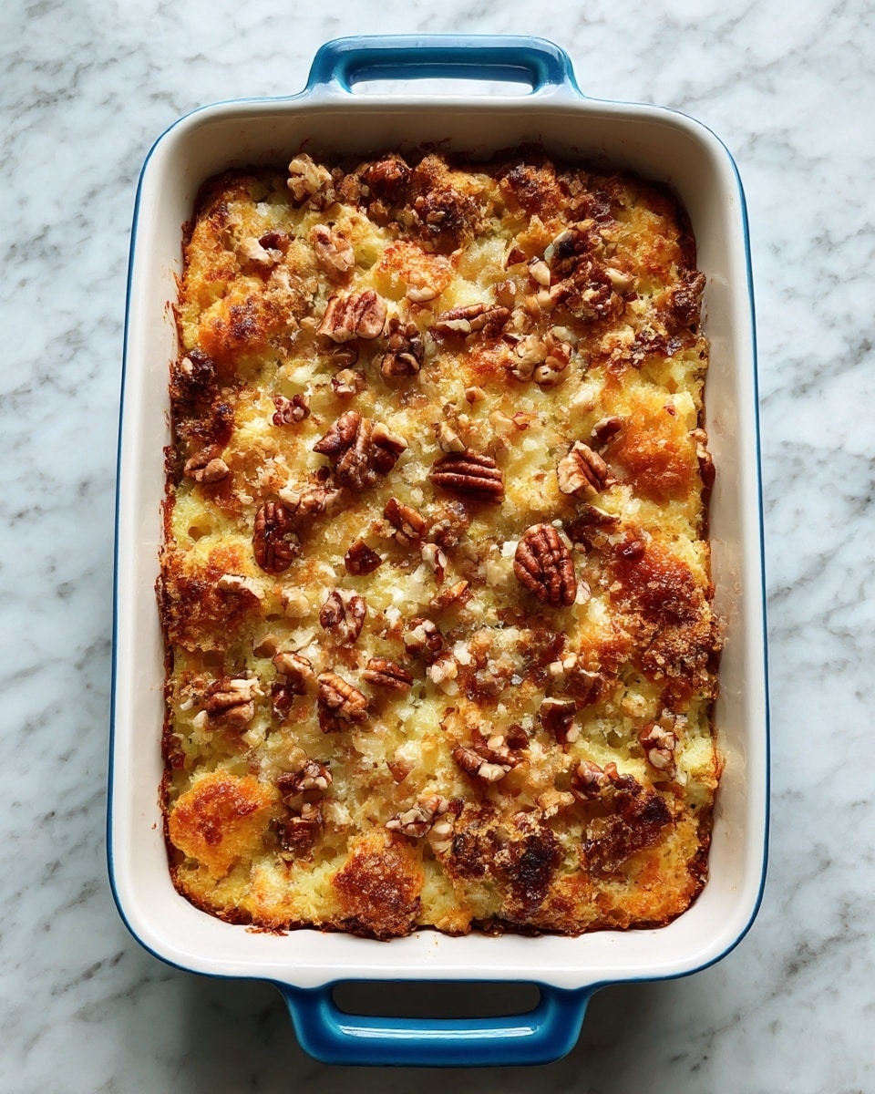 A rectangular white ceramic baking dish with blue handles contains a single layer of golden brown baked dessert topped with small pieces of chopped nuts scattered evenly on the surface. The texture looks soft and slightly crumbly with a few darker brown spots where it has cooked more. The dish is placed on a white marbled surface. photo taken with an iphone --ar 4:5 --v 7