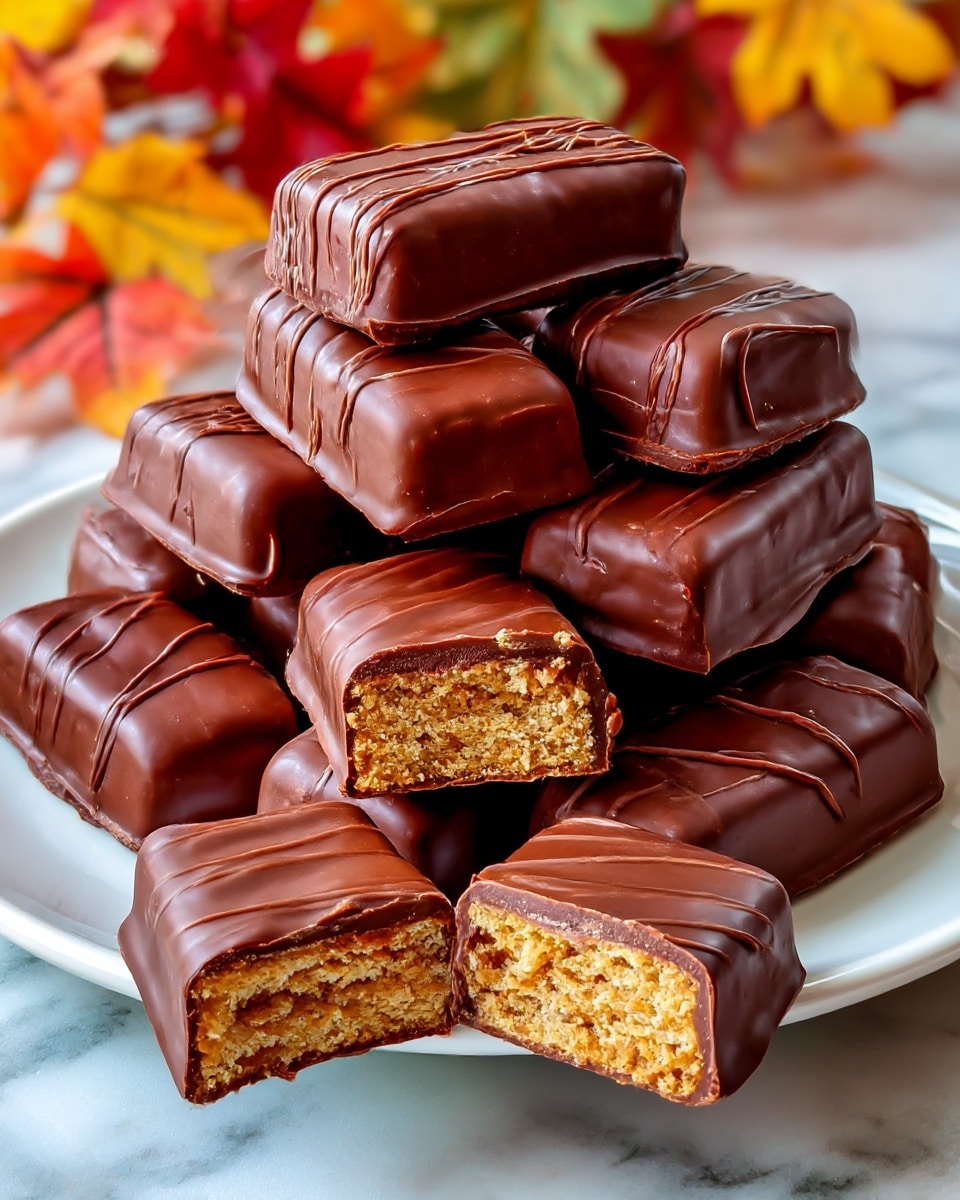 A white plate is filled with a tall pile of small chocolate-covered bars. Each bar is rectangular with a smooth, shiny milk chocolate coating, some with a light drizzle on top. In front of the pile, two bars are open to show their inside layers, which are light brown with a crumbly, slightly grainy texture. The plate sits on a white marbled surface with a blurred colorful background with autumn leaf designs. photo taken with an iphone --ar 4:5 --v 7