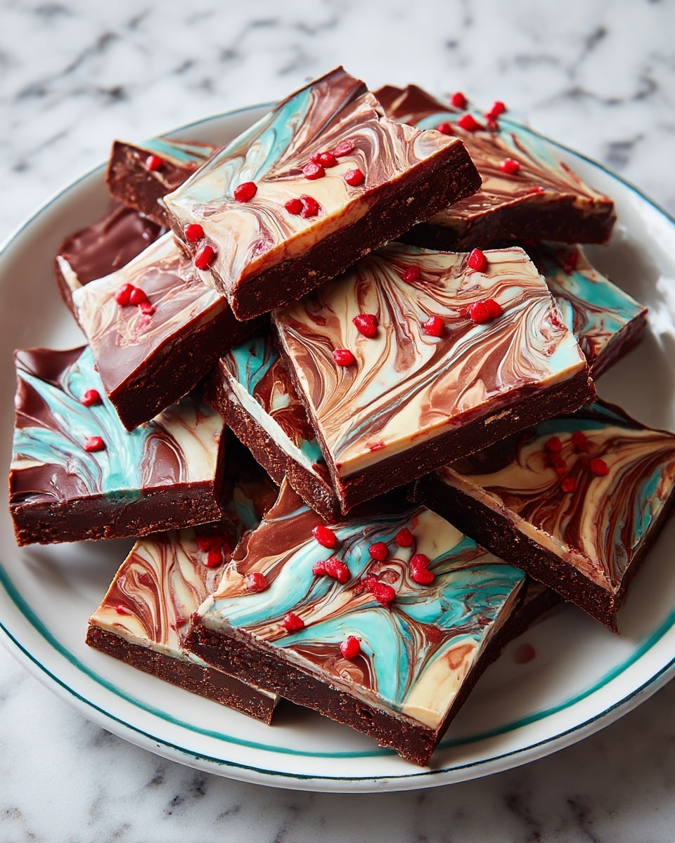 The image shows multiple pieces of chocolate bark arranged on a white plate with a blue-green rim, placed on a white marbled surface. Each piece has two layers: a dark brown, rough-textured chocolate base, and a smooth top layer with light brown and white swirled patterns that create a marbled effect. Small red candy dots are scattered on top of the bark pieces, adding a bright contrast to the chocolate colors. The pieces are irregularly shaped and closely packed on the plate. Photo taken with an iphone --ar 4:5 --v 7