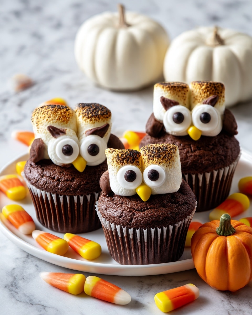 The image shows three chocolate cupcakes decorated to look like owls, each with two toasted marshmallows on top as eyes, brown and slightly crispy on the outside. Each marshmallow eye has a small white candy with a black dot in the center to represent pupils. A small yellow candy is placed below the eyes as the owl’s beak. The cupcakes are on a white plate, surrounded by colorful candy corns and a small pumpkin candy. The background is a white marbled texture. photo taken with an iphone --ar 4:5 --v 7