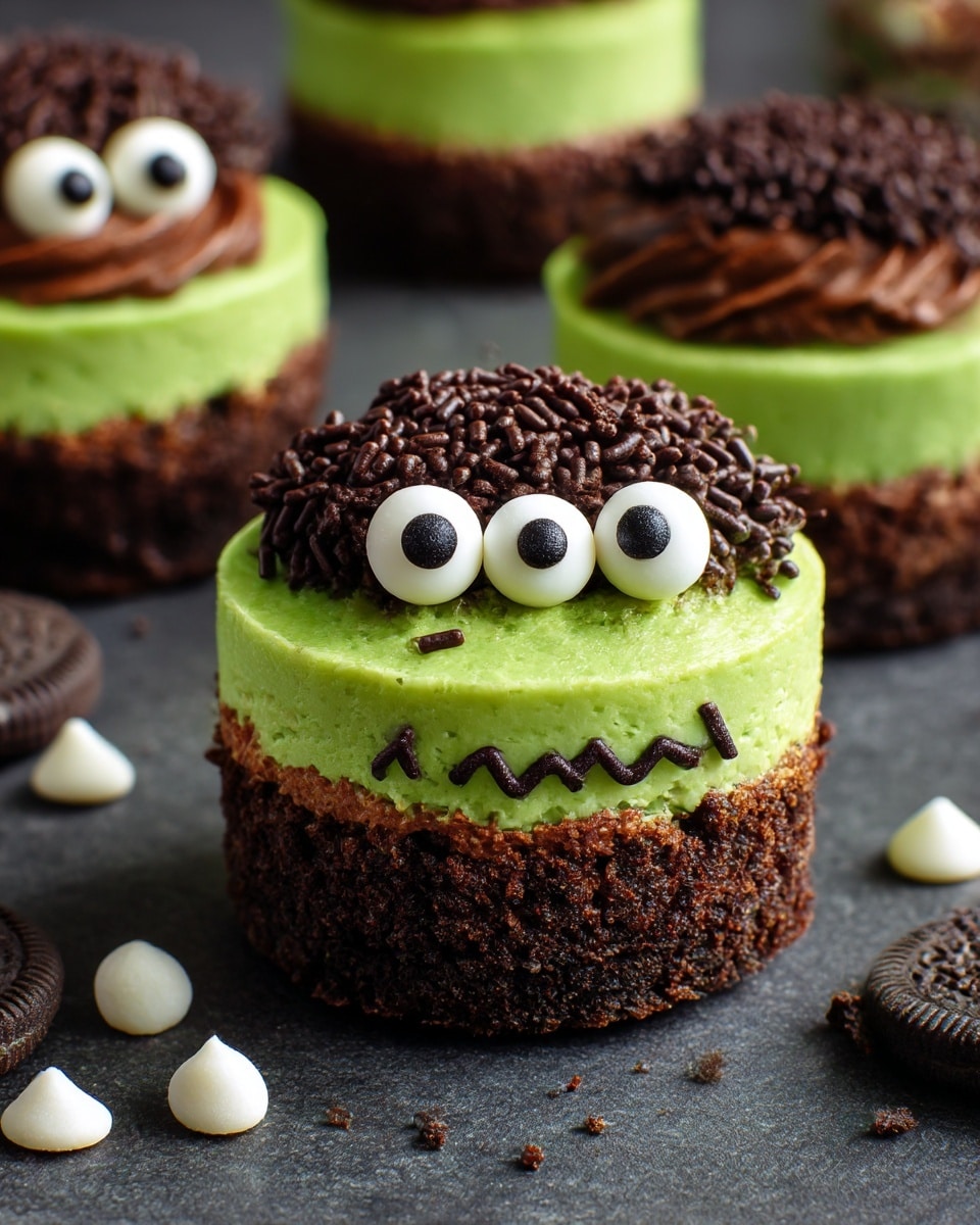 The image shows a small, round dessert made to look like a green monster with two big white candy eyes placed front and center. The dessert has three main layers: the bottom is a dark brown crumbly base, the middle is a thick bright green creamy layer, and the top is covered by a rough layer of chocolate sprinkles resembling hair. There are small chocolate details on the green layer that look like a sad mouth and stitches on the side of the face. The dessert sits on a dark grey surface with some white specks, and there are more of these monster desserts blurred in the background. photo taken with an iphone --ar 4:5 --v 7