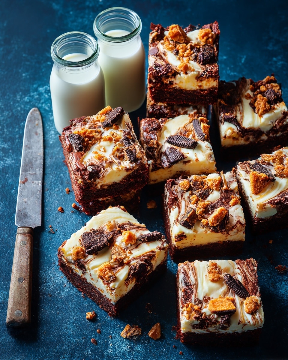 A tall stack of four thick brownies sits on a wooden board, each brownie showing three layers: a dark brown dense chocolate base, a creamy white middle layer with smooth texture, and scattered small bright orange pieces and black cookie chunks embedded on top. The brownies have rough, slightly crumbly edges and are lit to highlight their rich textures, all against a blurred dark background. photo taken with an iphone --ar 4:5 --v 7