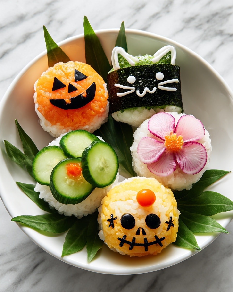 A white bowl holds six small round sushi pieces, arranged to form two rows. The top left sushi is orange with a smooth texture and decorated with small black seaweed shapes forming a jack-o'-lantern face. Next to it on the right is a dark green sushi wrapped in seaweed with white sauce details forming a cat face with ears and whiskers. Below the orange piece is a sushi topped with thin cucumber slices, arranged like five petals with a pink center. Next to the cucumber sushi is one covered with thin radish slices drawn as overlapping petals with a small bright orange dollop in the center. Below the cucumber sushi is a white rice sushi decorated with seaweed forming a smiling skull face with stitched mouth details. Finally, below the radish sushi is a yellow sushi with a smooth texture featuring a black seaweed jack-o'-lantern face. Green leaves are placed under some sushi on the white marbled surface. photo taken with an iphone --ar 4:5 --v 7