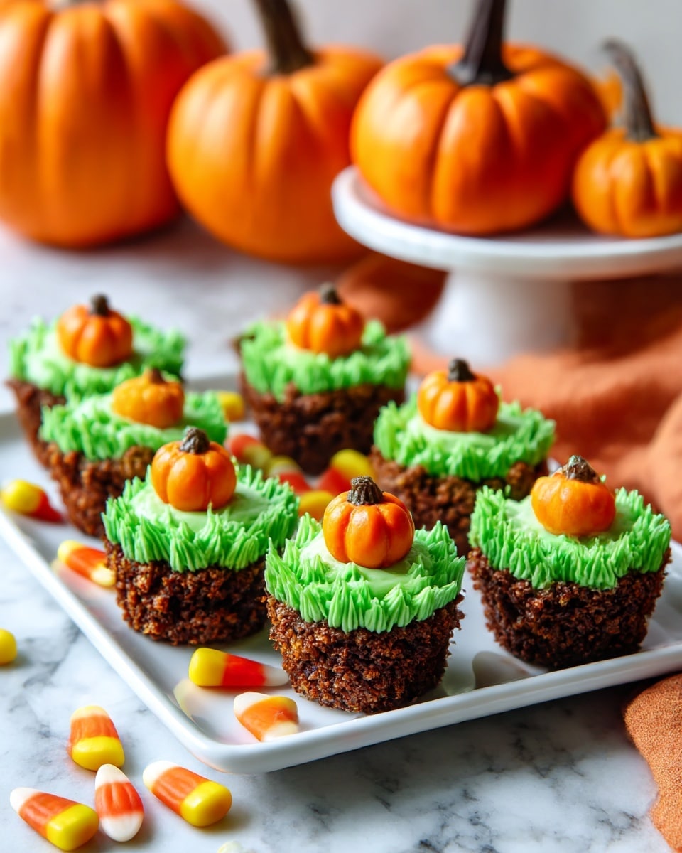 The image shows small cupcake-shaped treats with a textured brown base that looks like cake. Each treat has a layer of green icing piped on top in a grassy, curly pattern. Sitting on the green icing is a small, orange pumpkin candy with a green top, shaped like a pumpkin. The cupcakes are placed on a long white rectangular plate, with candy corn pieces scattered around the plate. In the background, more cupcakes are on a white cake stand, and there are three large orange pumpkins with black stems placed on a white marbled surface. The overall color scheme centers on green, orange, and brown with white plates and background. photo taken with an iphone --ar 4:5 --v 7