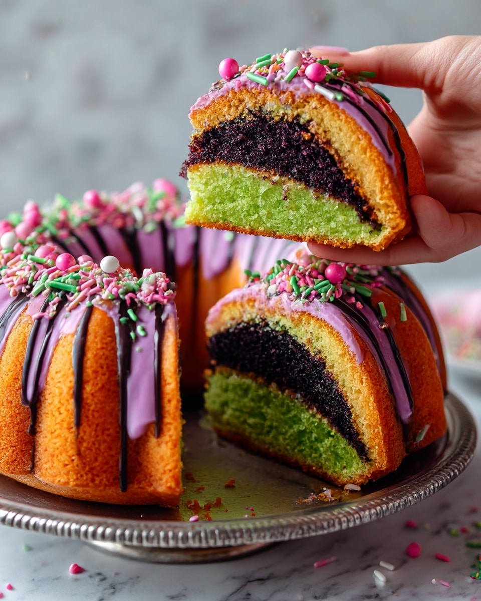 A round cake slice showing four thick, colorful layers inside: bright orange on the left, deep purple above, black in the middle, and bright green on the right. The outside glaze is shiny with drizzles of black, green, orange, and purple icing and is covered with many small, round, and stick sprinkles in pink, green, orange and white. The whole cake is on a white marble surface. In the background, there is an out-of-focus black and white checkered decoration. Photo taken with an iphone --ar 4:5 --v 7