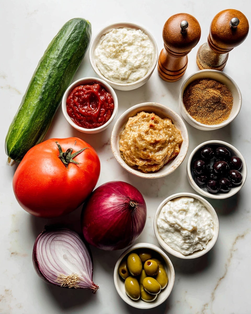 The image shows a collection of ingredients arranged on a white marbled surface. There is a long green cucumber on the left side, next to a large red tomato and a small red onion below it. Above the onion and tomato, there are small white bowls containing cream cheese, tomato paste, refried beans, Greek yogurt, green olives, and black olives. Two wooden salt and pepper shakers and two small spice containers labeled garlic and taco seasoning are placed near the top right. Each bowl reveals the smooth or slightly textured surfaces of their contents, with colors ranging from white to red, tan, and black. Photo taken with an iphone --ar 4:5 --v 7