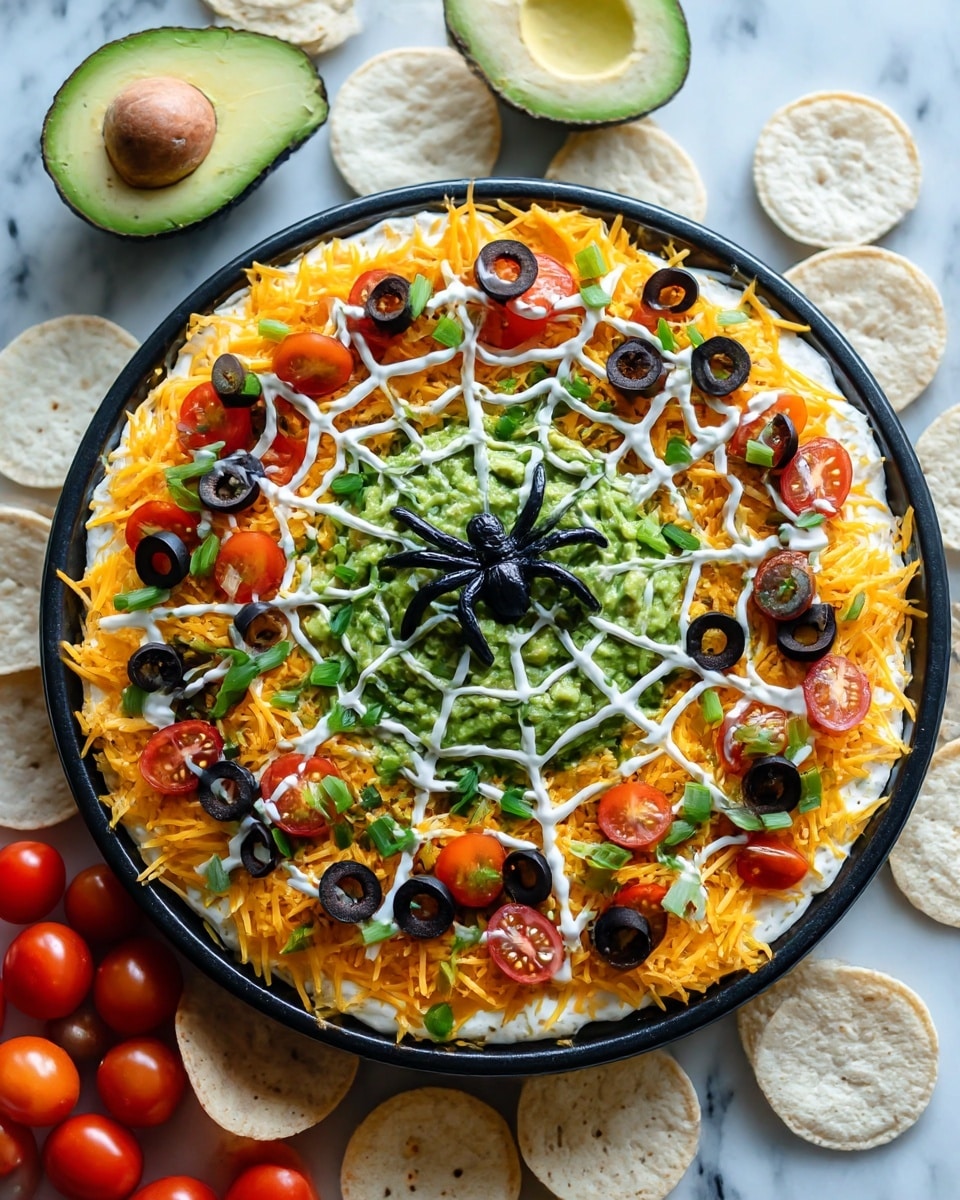 The dish is a round black tray layered with a base of creamy white sauce, followed by a thick layer of green guacamole in the center. Surrounding the guacamole is a layer of shredded bright orange cheddar cheese mixed with scattered slices of black olives, halved red cherry tomatoes, and chopped green onions. The guacamole has a white sour cream spiderweb pattern drawn on top, with a spider made from black olives placed at the center. Around the tray, there are white pumpkin-shaped and round chips placed on a white marbled surface. A sliced avocado with a few holes is placed at the top of the image, and a cluster of whole cherry tomatoes appears at the bottom left side. Photo taken with an iphone --ar 4:5 --v 7