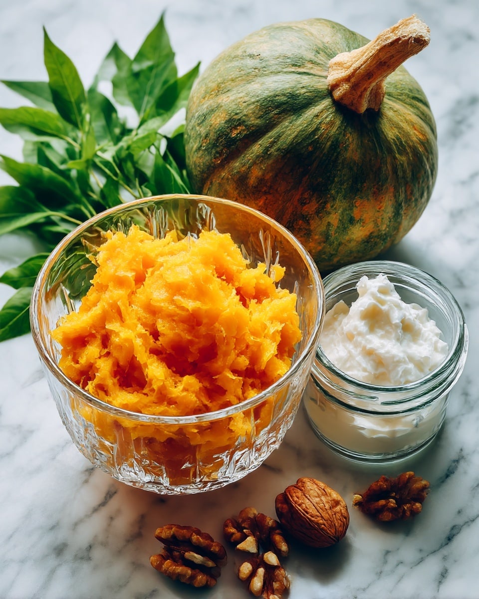The image shows a clear glass bowl filled with bright orange mashed pumpkin placed on a white marbled surface. To the right of the bowl is a small clear glass container with white cream. Above the bowl is a whole green pumpkin with a rough texture and a light brown stem. To the left of the pumpkin, there is a small bunch of fresh green leaves, while below the bowl, a few shelled walnut pieces are scattered on the white marbled surface. photo taken with an iphone --ar 4:5 --v 7