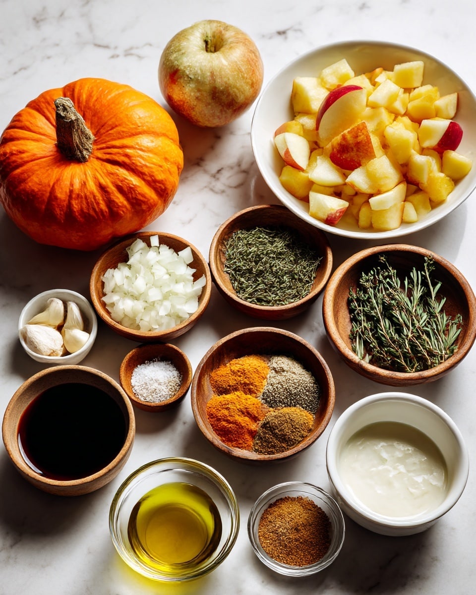 The image shows a white bowl full of smooth, bright orange pumpkin soup with some small white cream spots and green pumpkin seeds on top. A shiny silver spoon holds some of the soup above the bowl, showing the soup’s thick and creamy texture. The bowl is placed on a white marbled surface with a blurred white cloth with black stripes and two small pumpkins in the background. The colors are warm and inviting, focusing on the rich orange soup. photo taken with an iphone --ar 4:5 --v 7