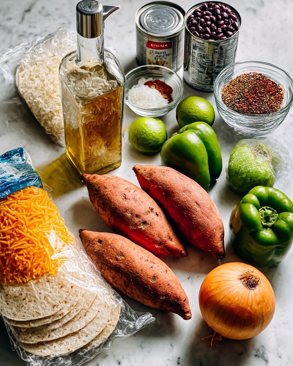 A white marbled surface holds an arrangement of cooking ingredients including three medium sweet potatoes with rough orange skin placed near the center, two fresh green bell peppers to the right, and a whole round onion with papery skin further right. Near the top right, two open cans of black beans lay beside a glass bowl filled with mixed spices showing red, brown, and black colors. A small spoon rests in a dish of white minced garlic next to the spices. Two bright green limes sit above the sweet potatoes. On the left side, a clear plastic package of ready rice shows the grains inside, a clear bag of yellow-orange shredded pepper jack cheese is partially visible below it, and a pack of tortillas in a blue and white bag lies at the bottom left. A tall, clear bottle of olive oil with a metal pour spout stands near the cans. The setup is neatly spread out with everything clearly visible on the clean white marbled surface, photo taken with an iphone --ar 4:5 --v 7
