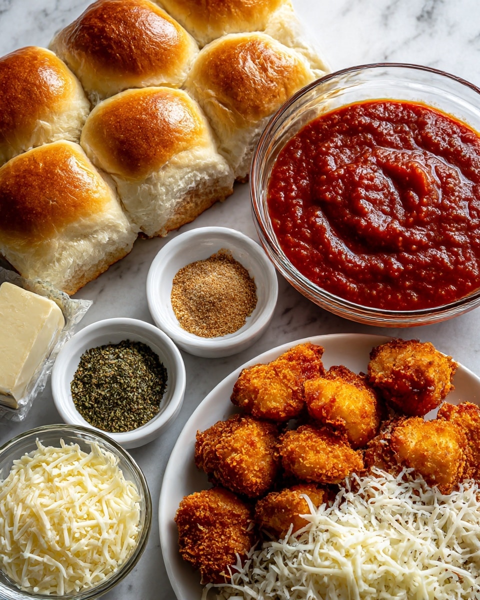 A box of twelve soft golden brown Hawaiian rolls is placed to the left on a white marbled surface. To the right, there is a clear glass bowl filled with vibrant red marinara sauce with a thick texture. Below the sauce, there are two small white dishes, one with light tan garlic powder and the other with a mix of green and brown Italian seasoning. At the bottom right sits a white plate piled with evenly browned chicken nuggets with a crispy coating. Below the plate is a clear glass bowl overflowing with shredded white mozzarella cheese. To the left of that is a small white bowl filled with grated pale yellow Parmesan cheese, and next to it is a stick of butter in its wrapper. The scene is brightly lit, showing the natural colors and textures clearly. Photo taken with an iphone --ar 4:5 --v 7