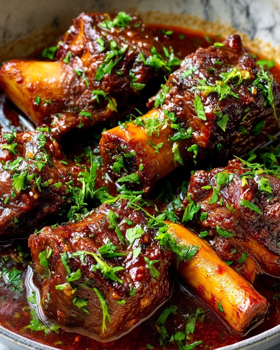 The image shows a close-up of a dark brown stew with several pieces of meat on bones, cooked until rich and tender, sitting in a deep sauce. The meat has a shiny glazed look with some green herbs sprinkled on top, adding contrast. The sauce looks thick and glossy, filling all around and between the meat pieces. The background is a white marbled texture. photo taken with an iphone --ar 4:5 --v 7