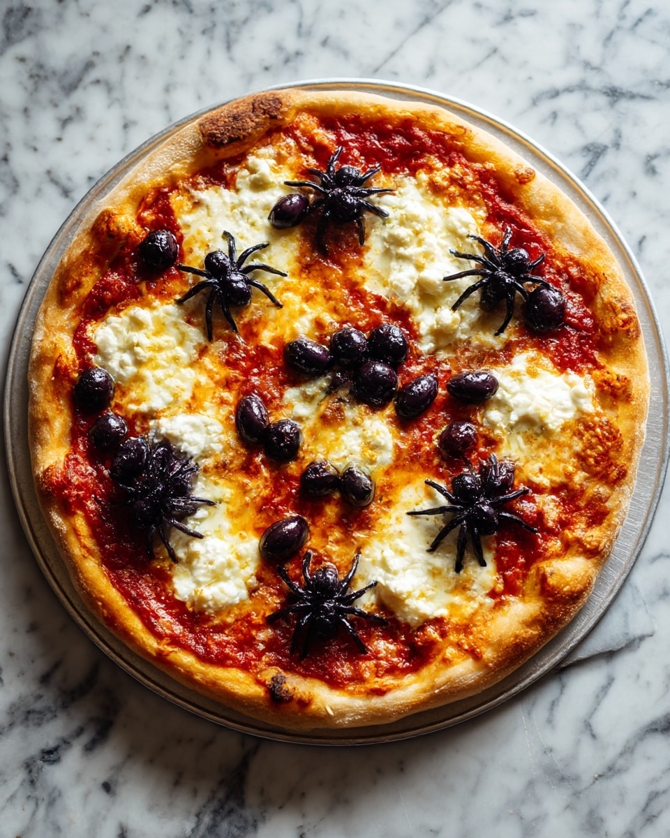 A round pizza with a thick, golden-brown crust sits on a silver pizza peel. The base layer is bright red tomato sauce spread unevenly over the dough, topped with melted white cheese arranged in a spiderweb pattern with thick lines crossing each other. Scattered on top are small black olive decorations shaped like spiders, made from whole olives with olive slices as legs. The pizza is photographed on a white marbled surface. photo taken with an iphone --ar 4:5 --v 7