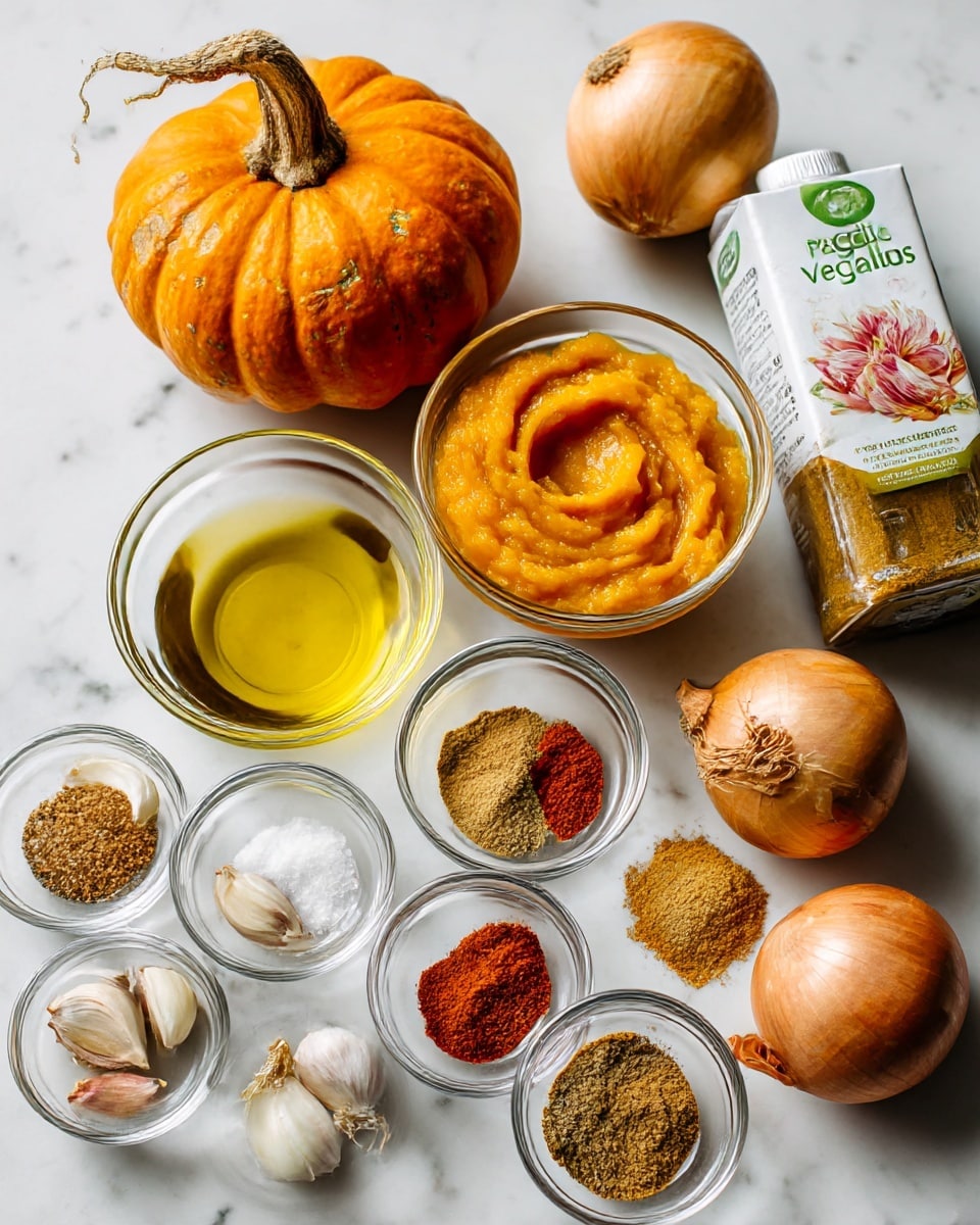 The image shows various ingredients arranged neatly on a white marbled surface. In the top left corner, there is a whole pumpkin with a smooth, bright orange skin and a rough, dry stem. Next to it, on the right, is a clear glass bowl filled with thick, orange pumpkin puree. Below the pumpkin and puree, there's a small round glass bowl with clear yellow avocado oil. To the right of that, a whole onion with smooth, light brown skin sits next to a small bowl containing salt and pepper. Below, several small clear glass bowls hold individual ingredients: peeled garlic cloves that are white and shiny, reddish-brown red chili powder, light brown garam masala, medium brown cumin powder, and similarly colored coriander powder. On the far right, a carton of Pacific Foods Organic Vegetable Broth stands upright with a green and white label. Each item is labeled clearly with black text on white backgrounds. The scene is well-lit and simple with no distractions, photo taken with an iphone --ar 4:5 --v 7
