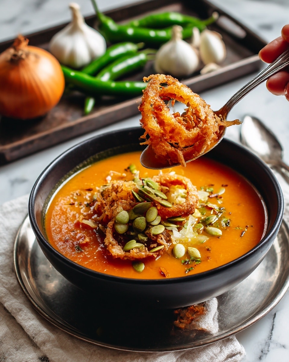 A white bowl filled with smooth orange soup topped with green pumpkin seeds and golden fried onion rings, sitting on a white marbled surface with a white cloth underneath. A woman's hand holds a silver spoon lifting a spoonful of the soup, showing the thick texture and garnishes clearly. The background includes blurred objects like garlic and green chilies on a tray. Photo taken with an iphone --ar 4:5 --v 7
