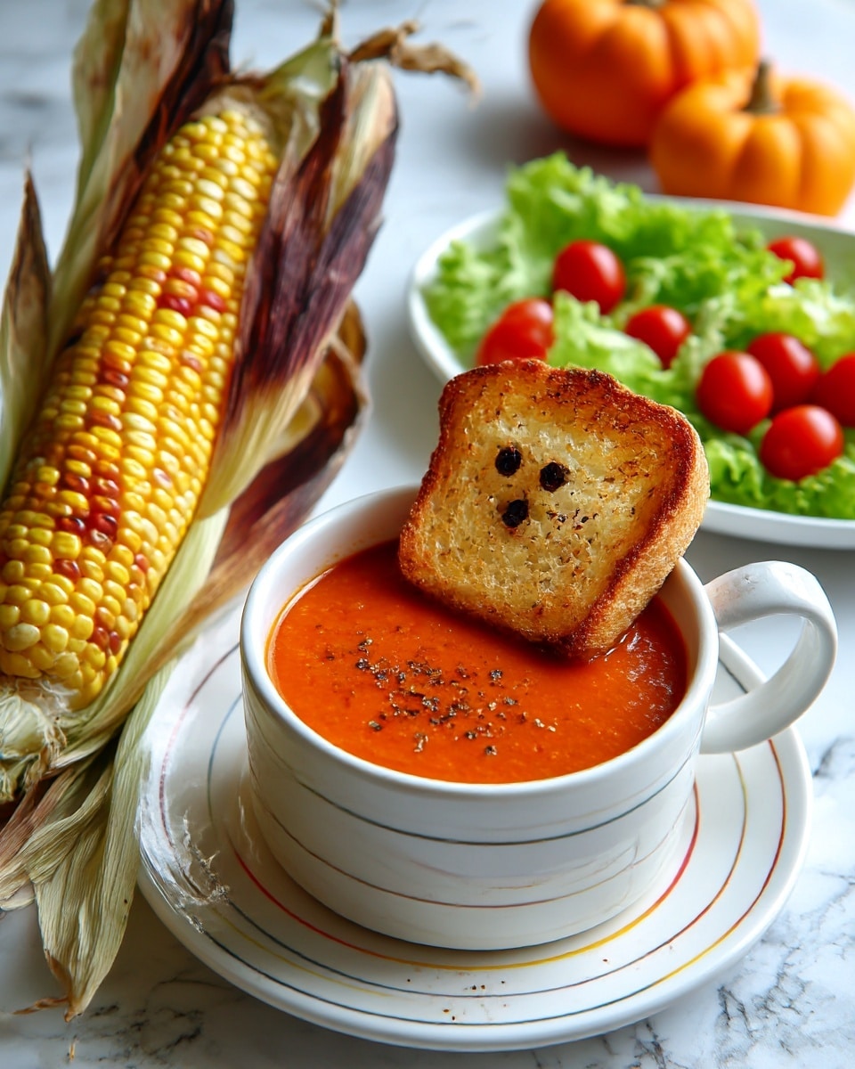 A white cup filled with thick orange-red tomato soup sits on a white plate with colorful line patterns. Floating on top of the soup is a light golden-brown toasted bread piece shaped like a small ghost with two black peppercorn eyes. To the left of the cup, there is an ear of multicolored corn with husk partially peeled back. In the background, on the white marbled surface, a white plate holds fresh green lettuce leaves with many small red cherry tomatoes, and there are some orange pumpkins nearby. Photo taken with an iphone --ar 4:5 --v 7