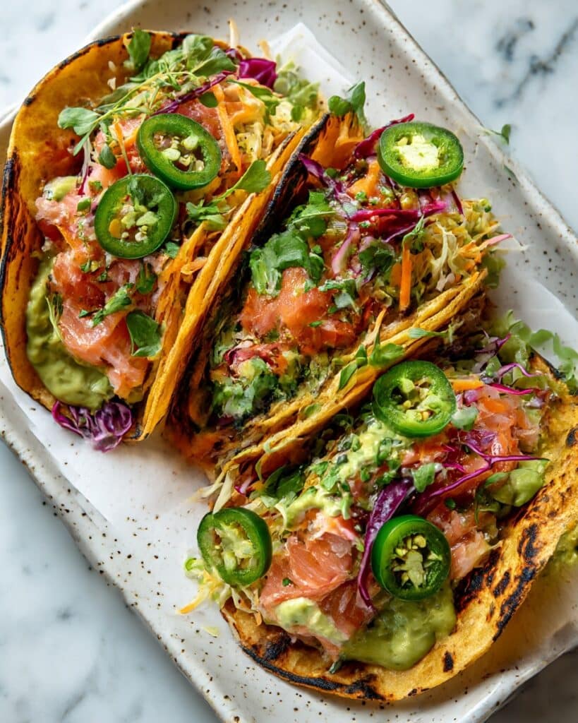 Hot Honey Salmon Tacos with Bell Pepper Slaw Recipe