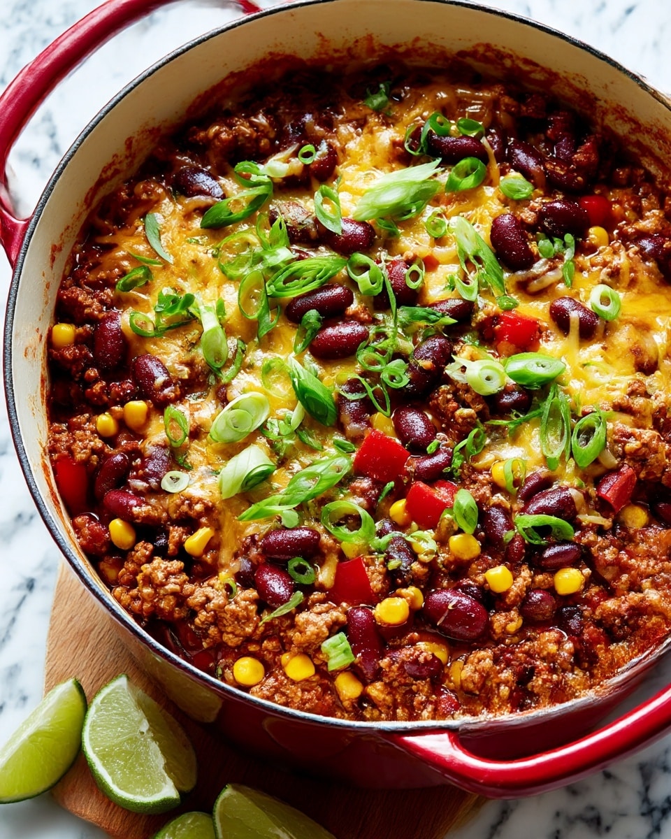 A red skillet filled with a dish that has three main layers: the bottom layer is cooked ground meat mixed with red kidney beans and small pieces of red bell pepper; the middle layer is bright yellow corn kernels spread evenly; the top layer is melted orange cheddar cheese covering everything, sprinkled with sliced green onions scattered all over; the skillet is on a wooden surface with lime wedges and more green onions nearby; photo taken with an iphone --ar 4:5 --v 7
