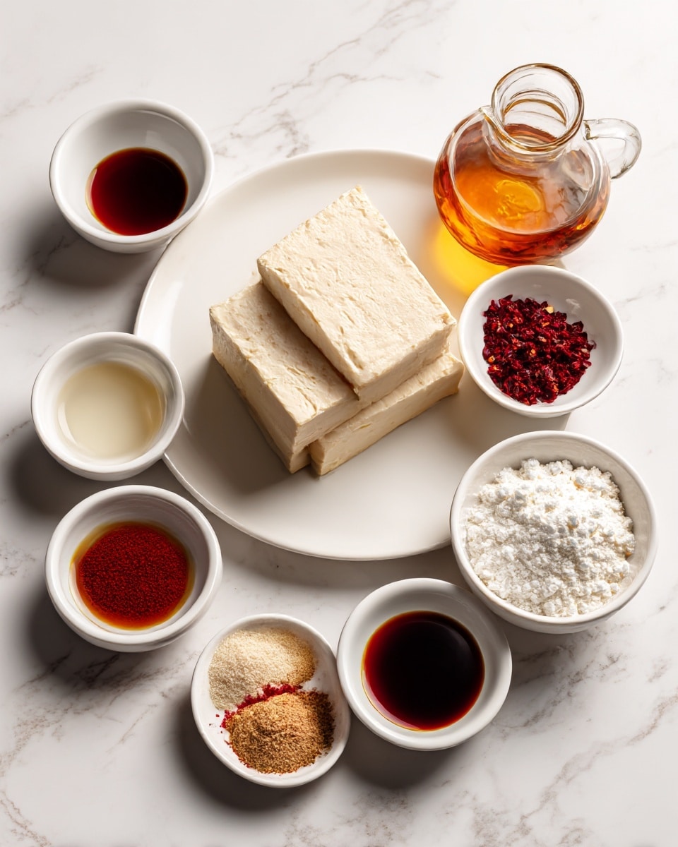 The image shows a white round plate with a large, solid block of light beige tofu placed in the center. Surrounding the plate are several small white bowls arranged on a white marbled surface, each holding one of the ingredients: a clear amber liquid labeled toasted sesame oil in the top right, a small heap of deep red cayenne powder in a bowl below and to the right, a pale off-white liquid rice vinegar below the cayenne, a small bowl of dark brown tamari or soy sauce to the left, a bowl with light brown garlic powder to the right, a small amount of golden maple syrup, a small bowl of coarse white salt, and lastly a bowl of white cornstarch with a fine texture near the bottom right. Each ingredient bowl is plain with smooth texture and the colors stand out clearly against the white marbled surface. Photo taken with an iphone --ar 4:5 --v 7