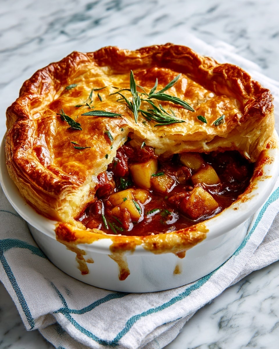 This image shows a round pie with a golden brown crust that looks flaky and slightly uneven, with some small holes near the center. The top crust covers the entire pie and has a rustic, home-made texture. One slice is removed, revealing the filling inside made of chunky pieces in shades of brown and orange, likely vegetables or meat in a thick sauce. The pie is placed on a white ceramic dish with handles on a white marbled surface, and beneath the dish is a white cloth with blue stripes. The lighting is soft and natural, highlighting the warm colors of the pie photo taken with an iphone --ar 4:5 --v 7