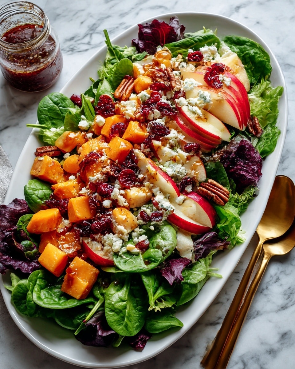 A white bowl filled with a colorful salad layered with chunks of bright orange roasted sweet potatoes, fresh green arugula leaves, thin slices of light pink red onion, scattered dark red dried cranberries, small green pumpkin seeds, and crumbled white cheese on top. A shiny gold fork is placed on the right side inside the bowl. The bowl sits on a white marbled surface with some loose arugula leaves and a soft pink cloth nearby. Photo taken with an iphone --ar 4:5 --v 7