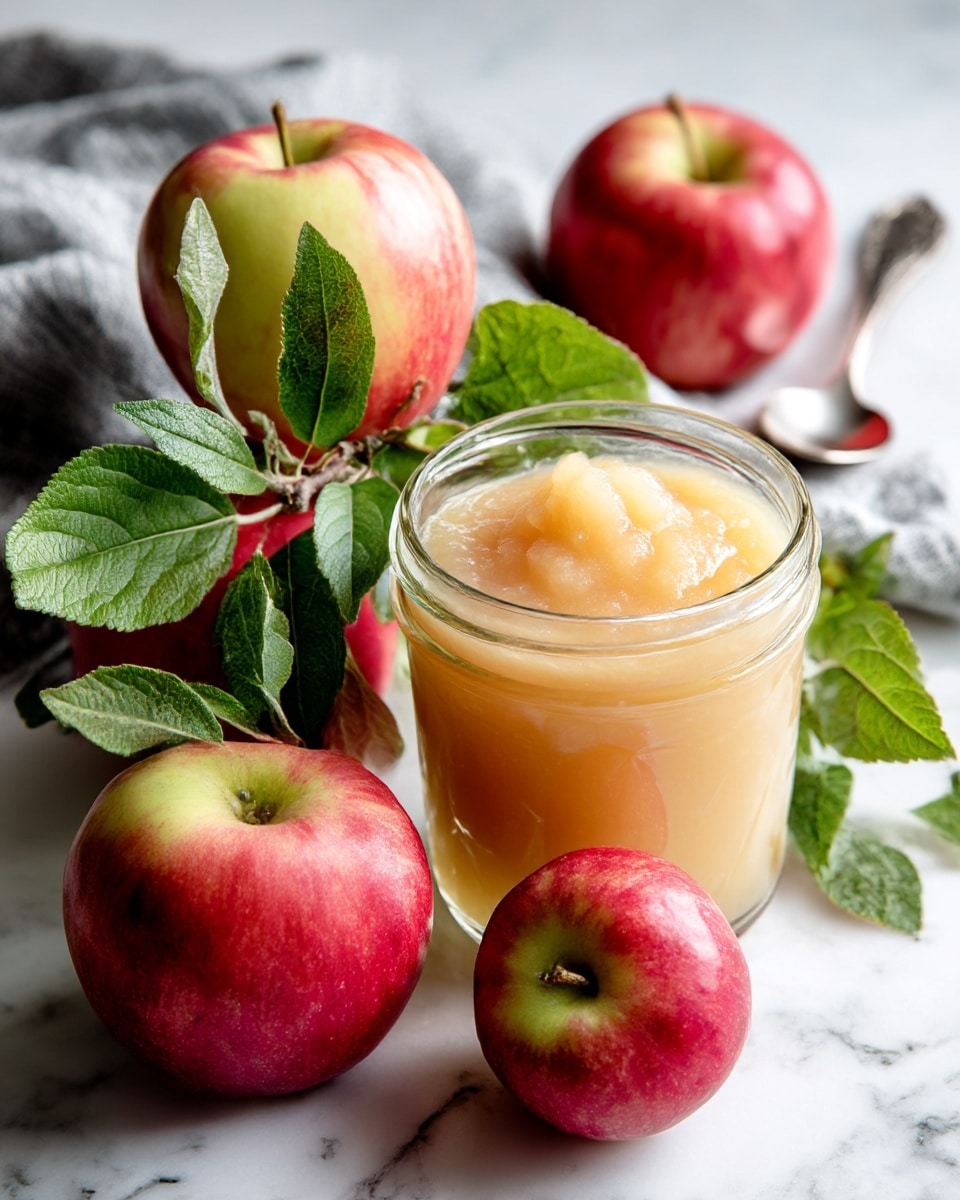 A clear glass jar filled with smooth, light peach-colored applesauce is in the center. The applesauce fills the jar close to the top with a small rounded peak above the rim. To the left of the jar, there are three fresh red apples with yellow-green areas and one has green leaves attached to its stem. The jar and apples rest on a white marbled surface. In the background, a gray and white cloth along with a spoon are softly blurred. Photo taken with an iphone --ar 4:5 --v 7