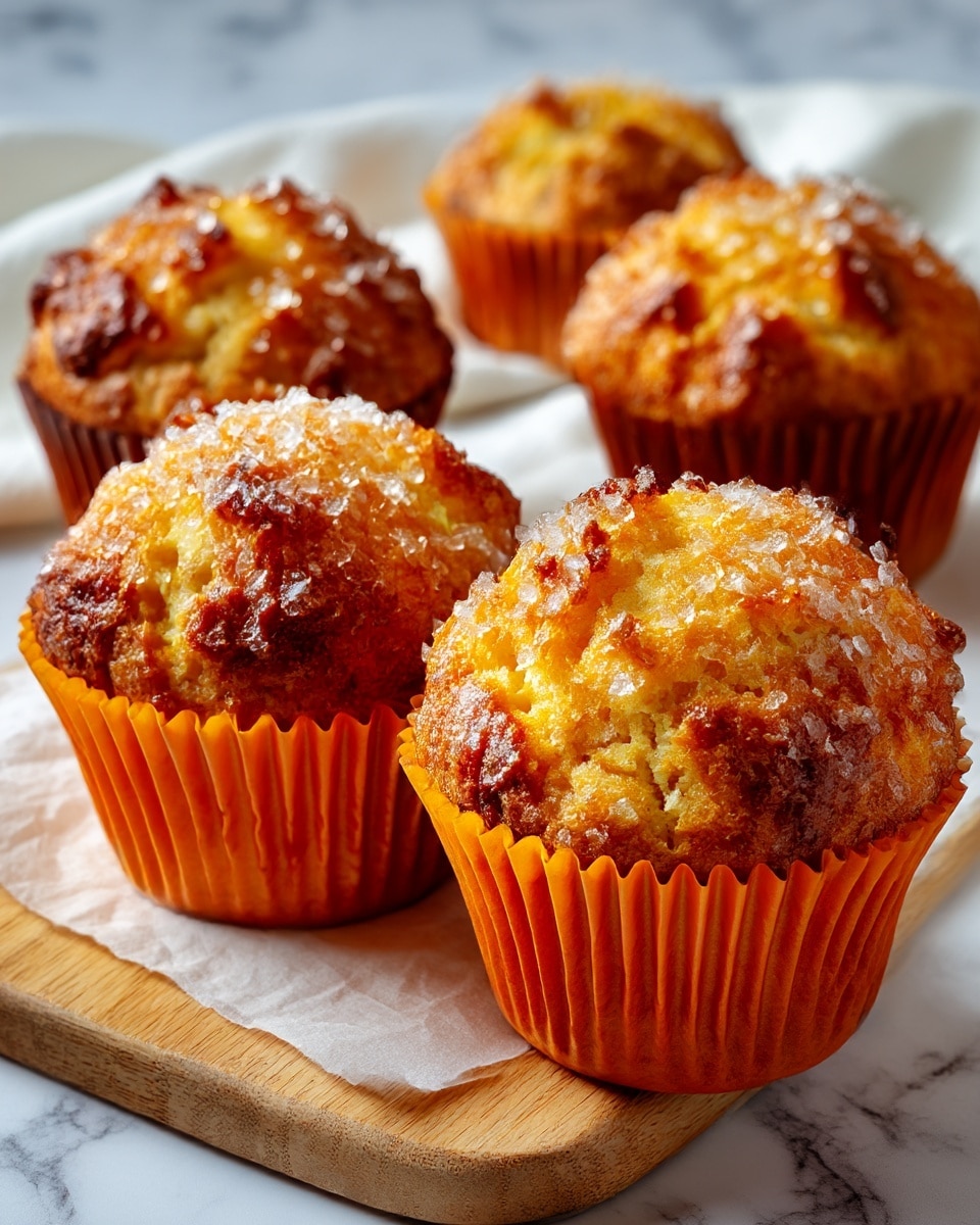 The image shows four golden brown muffins with a crisp texture on top, each wrapped in bright orange muffin liners. The muffins are placed on a wooden surface, and one white cloth is partially visible in the background. The tops of the muffins have a rough, cracked look with a light sprinkling of sugar. The focus is on the front muffin, making it appear larger and clearer than the others. photo taken with an iphone --ar 4:5 --v 7