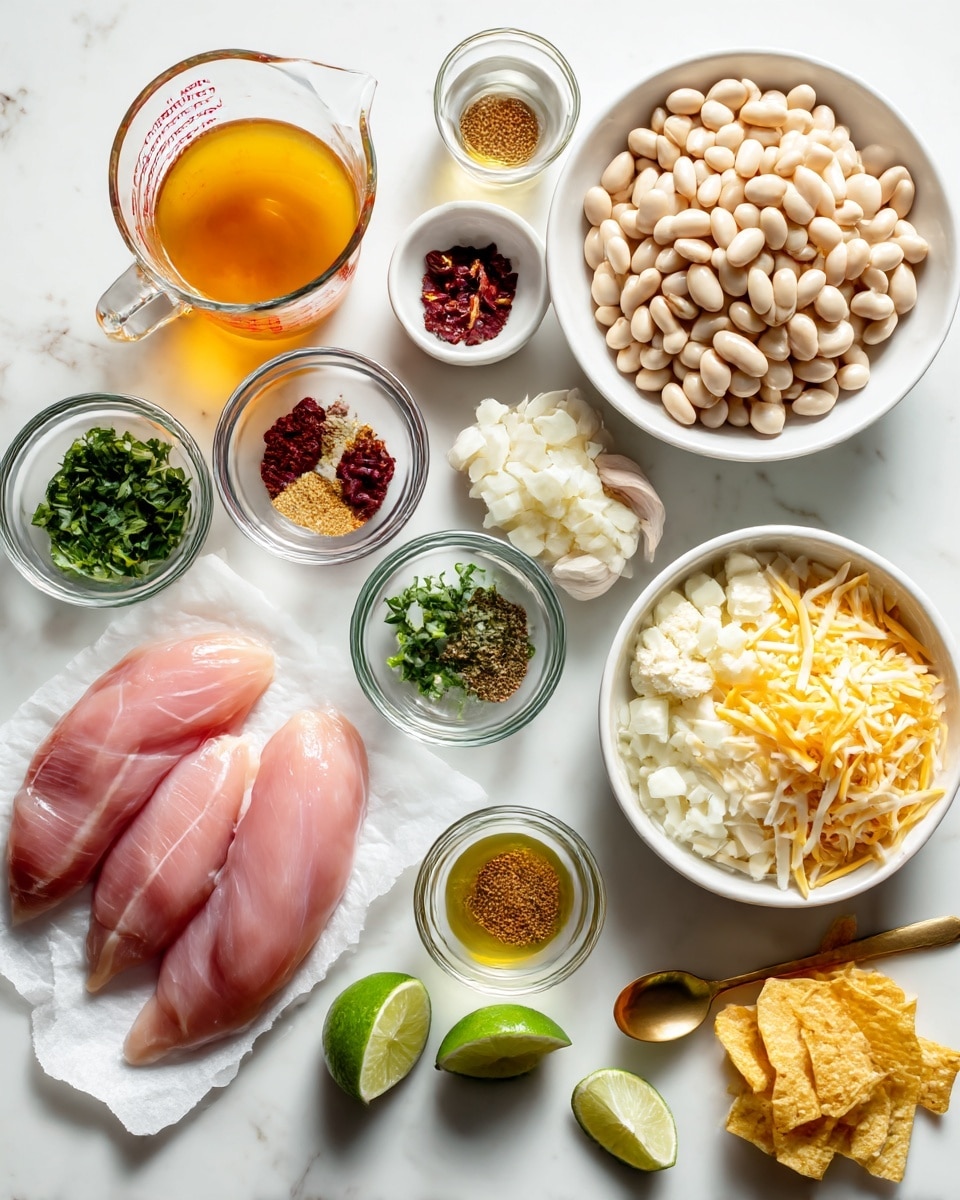 A top-down view of multiple ingredients arranged neatly on a white marbled surface, including three raw chicken breasts in pink color on white paper at the bottom left; a large white bowl filled with light beige beans at the top right; white bowls containing diced white onions, cream cheese cubes, and a mix of shredded yellow and white cheeses; a small bowl with chopped green herbs and another with green chili peppers in liquid; a clear glass measuring cup with bright orange liquid, likely broth, at the top left; several small glass bowls with spices in brown and red shades, minced garlic, and olive oil; a gold spoon with white salt and a smaller gold spoon with ground seasoning; two lime wedges placed near the center; and a small bowl of light yellow crispy tortilla strips. The layout is clean and organized with bright, natural light. photo taken with an iphone --ar 4:5 --v 7