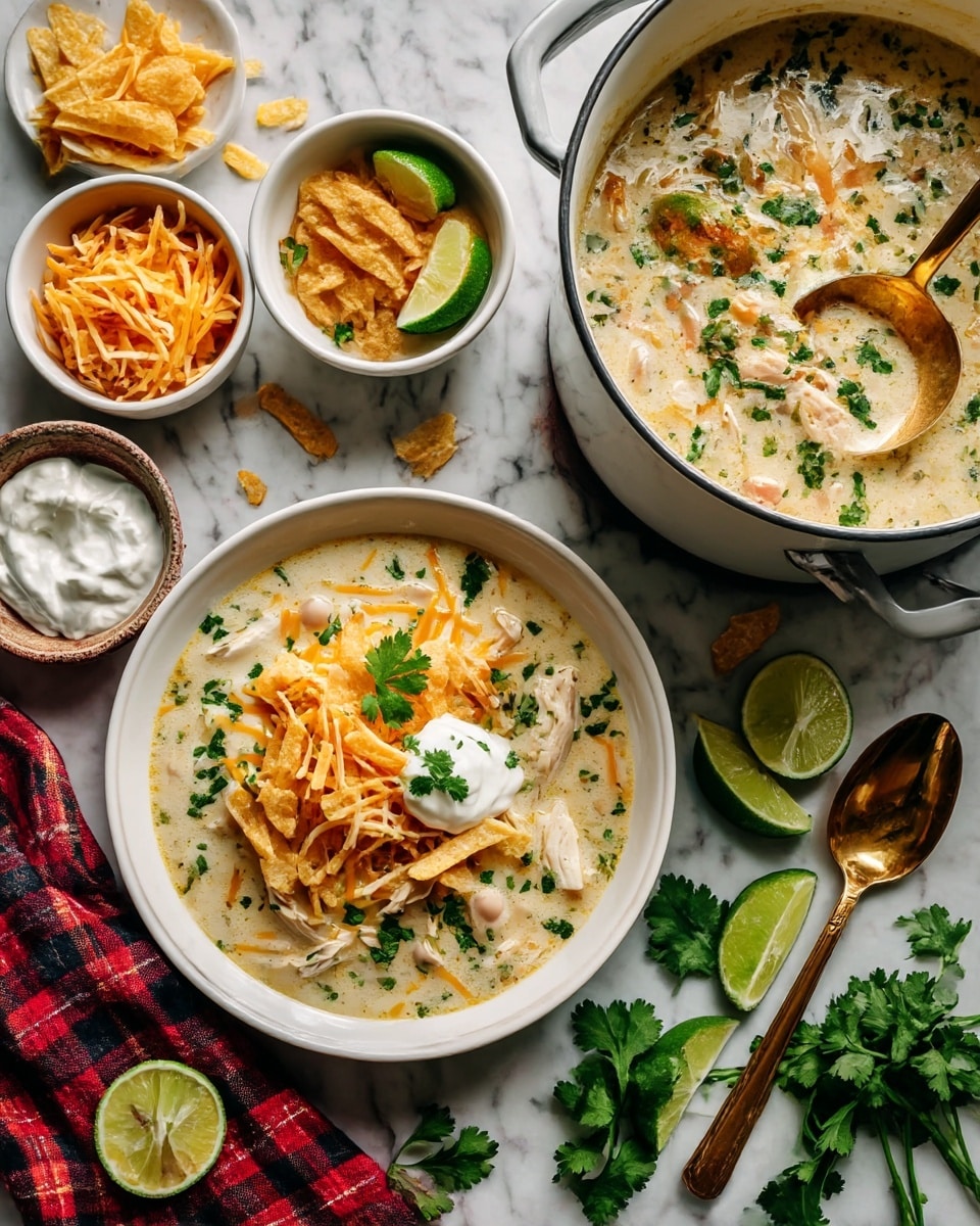 Two white bowls filled with creamy white chicken and bean soup are topped with thin orange and white shredded cheese, a dollop of white sour cream, and green cilantro leaves; one bowl has golden brown tortilla strips and a lime wedge on top. To the upper right, a silver pot holds more of the creamy soup with a golden ladle inside. Surrounding the bowls and pot are small white bowls holding shredded cheese, sour cream with a golden spoon, and tortilla strips. There are lime wedges scattered on the white marbled surface with a bunch of green cilantro leaves on the lower right. A checkered red, black, and white cloth holds three silver spoons on the bottom left photo taken with an iphone --ar 4:5 --v 7