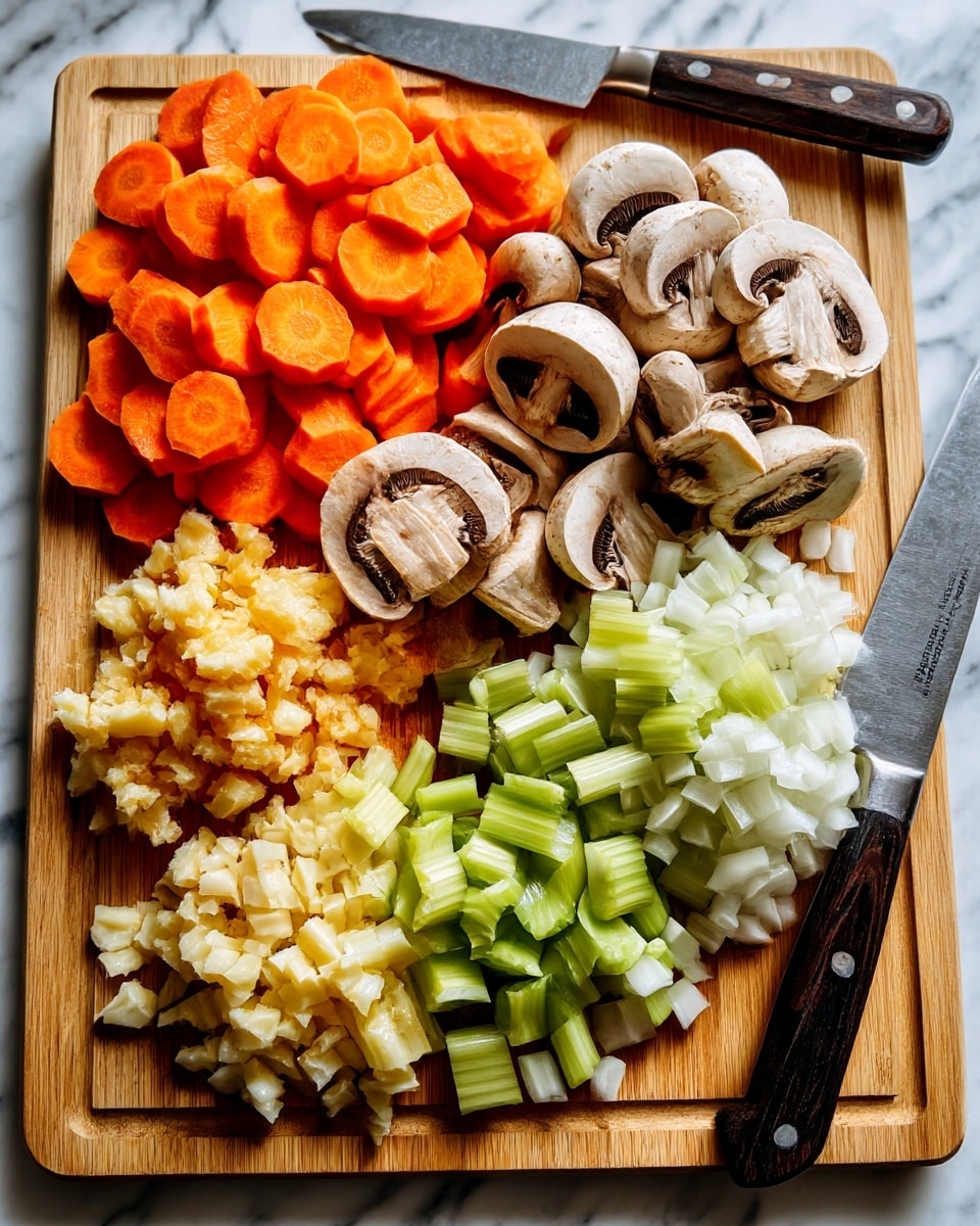 A light brown wooden cutting board sits on a white marbled surface, holding five piles of chopped vegetables arranged in a grid. In the top left, there are thick round slices of bright orange carrots. Next to them on the top right are several sliced white mushrooms showing their curved caps and dark gills. Below the carrots on the bottom left are small pale yellow pieces of minced garlic. To the right of the garlic in the bottom center is a pile of light green celery chunks. On the bottom right, there are finely chopped white onion pieces. A kitchen knife with a dark handle rests on the top right corner of the cutting board. Photo taken with an iphone --ar 4:5 --v 7
