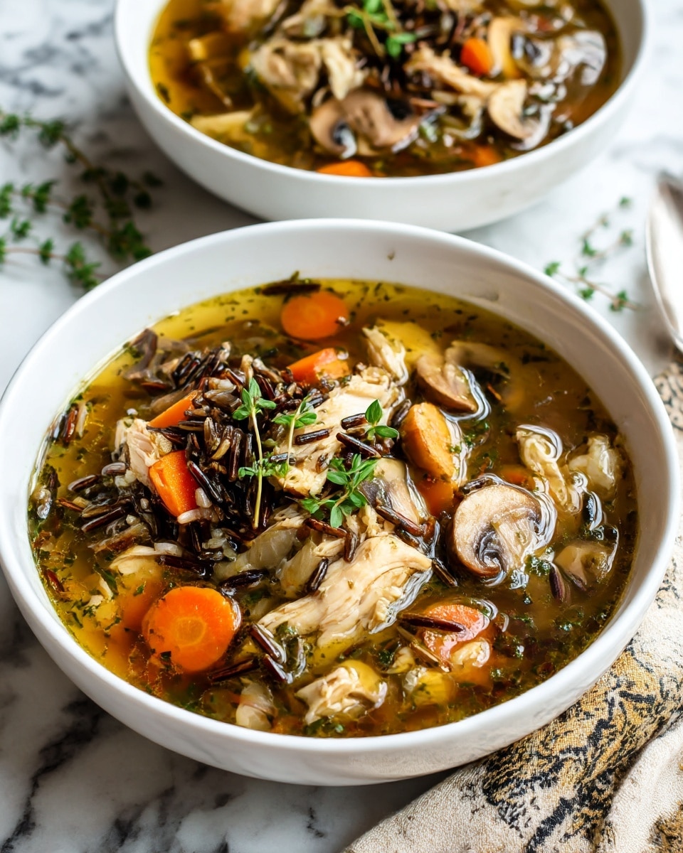A white bowl filled with a layered chicken soup showing orange carrot pieces at the bottom, light brown cooked chicken chunks scattered in the middle, and soft brown mushroom slices on top mixed with wild rice grains. A small sprig of green herb sits on top of the wild rice, adding a touch of freshness. The soup broth is clear brown, visible around the ingredients. In the background, there is another white bowl with the same soup, placed on a white marbled surface partially covered with a beige and black patterned cloth. Photo taken with an iphone --ar 4:5 --v 7
