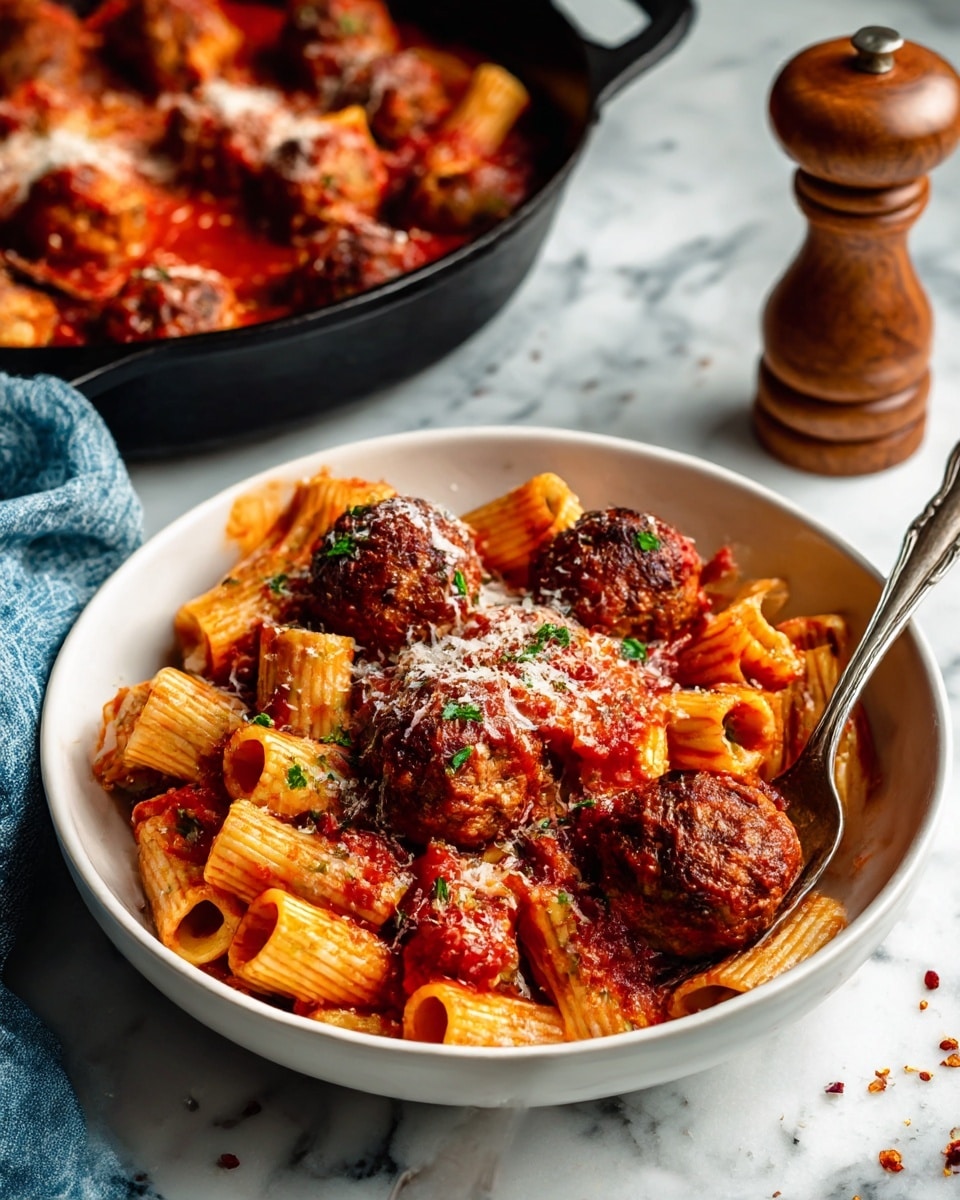 A white bowl filled with rigatoni pasta coated in a rich red tomato sauce, mixed with several brown meatballs that have a slightly rough texture and bits of herbs visible. The pasta and meatballs are sprinkled with finely grated parmesan cheese and red chili flakes. A vintage silver fork lies inside the bowl, resting on the side of the pasta. In the background, a black cast-iron pan holds more meatballs in sauce, placed on a white marbled surface with a wooden pepper mill nearby and a blue and white cloth to the left. photo taken with an iphone --ar 4:5 --v 7