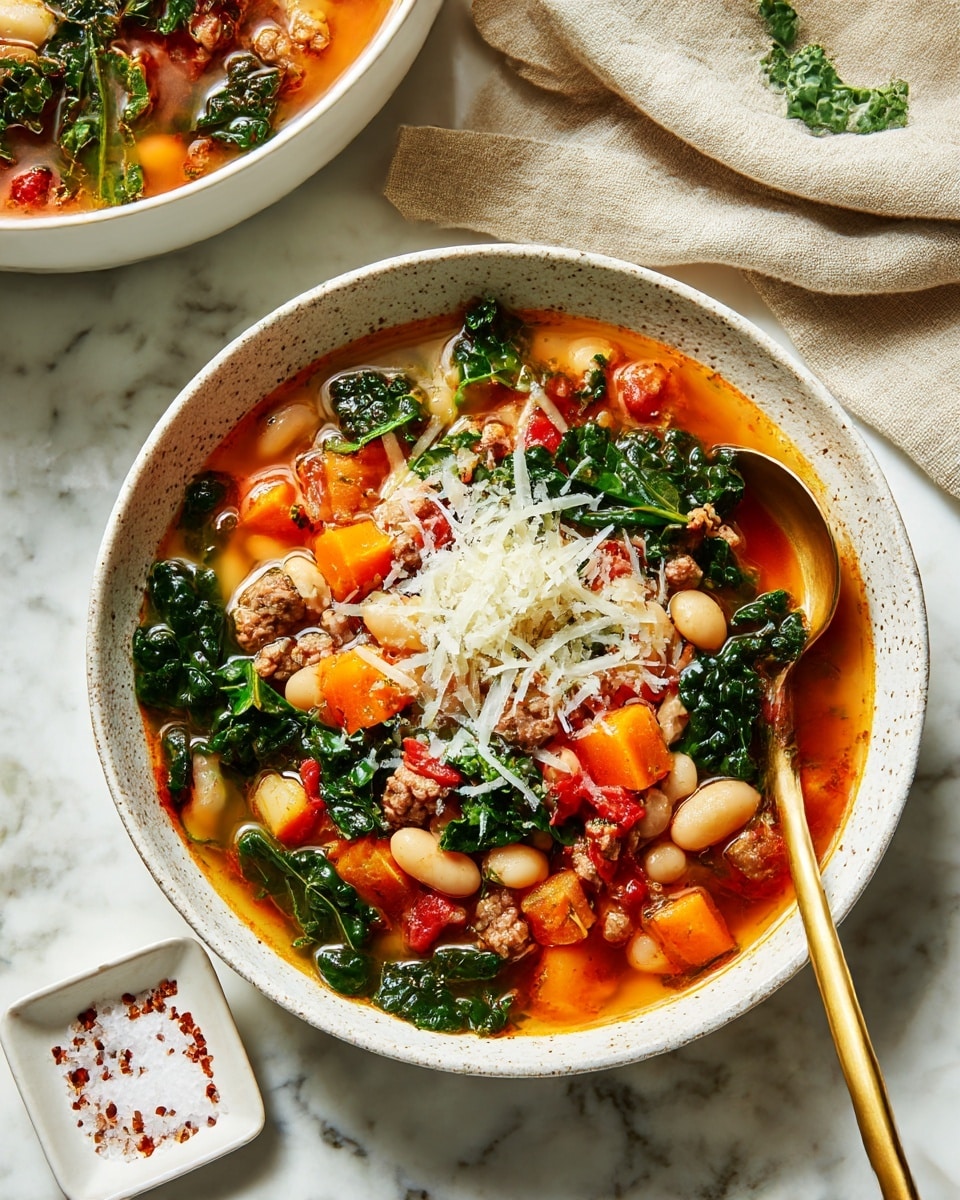 A speckled white bowl filled with a bright soup showing four main layers: a clear orange broth at the bottom, bright orange cubes and small white beans evenly mixed in the broth, fresh dark green kale leaves sitting on top, and a generous layer of shredded white cheese crowning the soup. The bowl holds a golden spoon standing upright in the soup. The bowl is placed on a white marbled surface with a beige linen cloth nearby. Above the bowl, a white pot on a wooden board contains more soup with the same ingredients visible. To the right, a white square salt container with coarse salt and a small golden spoon inside sits next to a beige plate with scattered cheese shreds. Photo taken with an iphone --ar 4:5 --v 7