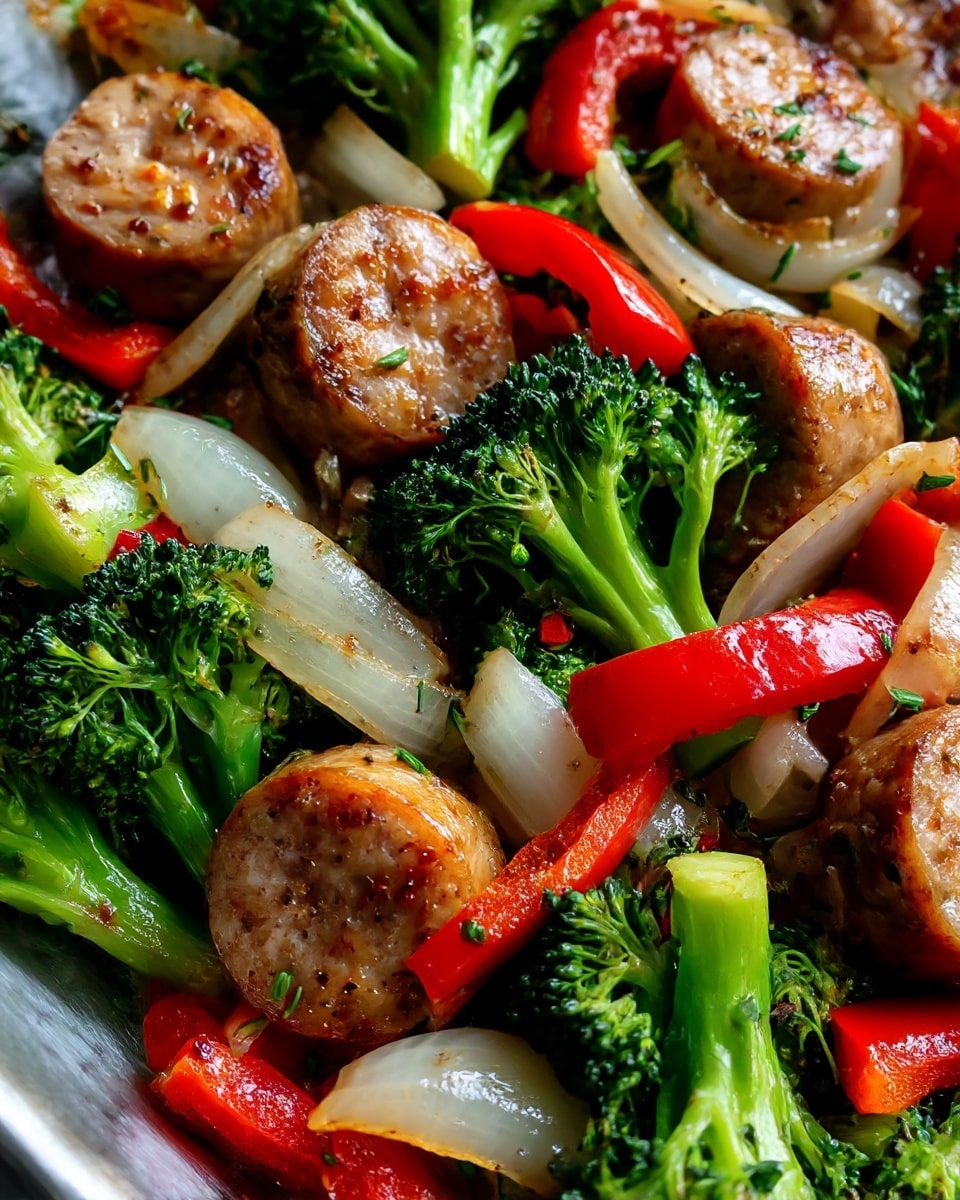 This image shows a colorful mix of cooked sausage slices, broccoli florets, chunks of white onion, and pieces of red bell pepper spread evenly. The sausages are light brown with some seasoning, the broccoli is bright green with firm stalks, the white onion pieces are slightly translucent with a soft texture, and the red bell peppers add bright red color scattered throughout. All ingredients are cut in bite-sized pieces and mixed together on a white marbled surface. The overall look is vibrant with a combination of soft and firm textures. Photo taken with an iphone --ar 4:5 --v 7