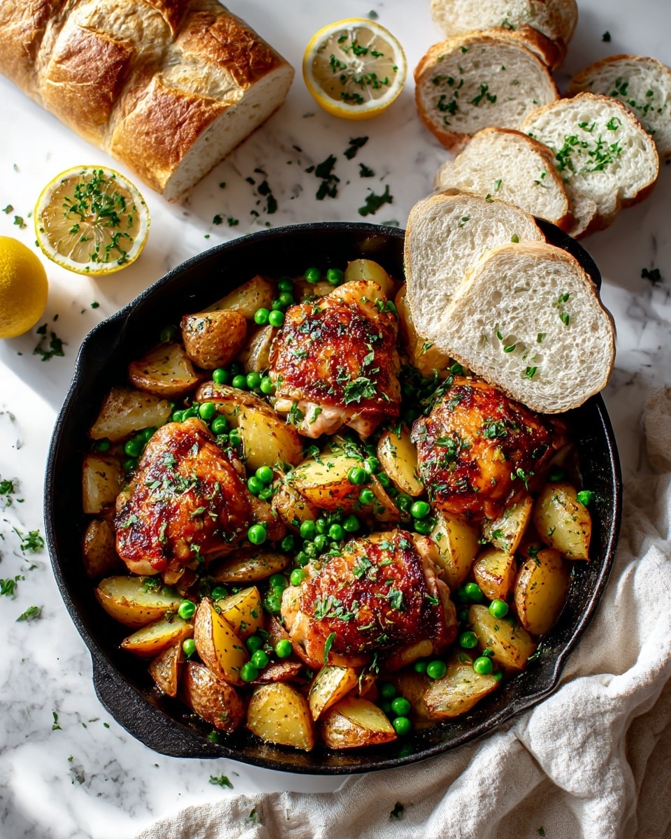The image shows a black cast iron skillet filled with a dish that has six golden brown cooked chicken pieces placed on top, surrounded by small golden roasted potato wedges at the bottom layer. There is a topping of bright green peas scattered over the chicken and potatoes, along with finely chopped green herbs sprinkled across the dish. To the right side inside the skillet, there are two white bread slices resting gently above the food. Around the skillet, there is a white marbled surface with a broken beige cloth napkin underneath the handle, half a lemon cut in two pieces with some green herbs on top, and a whole loaf of white bread with several sliced pieces laid nearby. The light is natural and soft, highlighting the textures and colors of the ingredients. Photo taken with an iphone --ar 4:5 --v 7