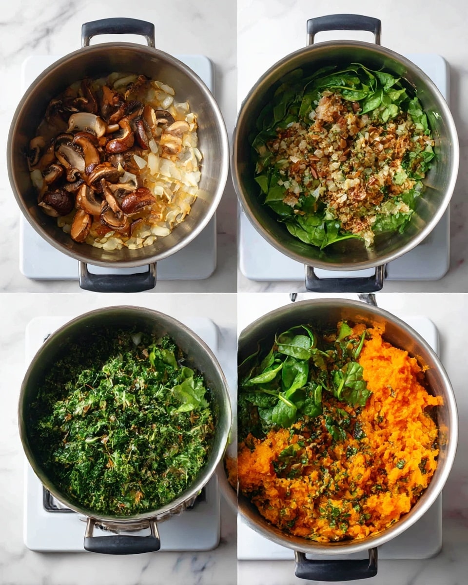The image shows a top-down view of fresh ingredients arranged neatly on a white marbled surface. From left to right, there is a pale beige, tapered parsnip with a smooth texture, next to a round, rough-textured celeriac with a light brown skin. To its right, a cluster of six light brown mushrooms with smooth caps is placed above a bunch of fresh, dark green spinach leaves with visible veins. Below these, on the left, is a round, light brown onion with a smooth skin, and next to it are two small, pale garlic cloves. In the middle, there is a white bowl filled with bright orange, smooth pumpkin puree. To its right, a small clear glass holds a pale, creamy broth. Lastly, on the far right, a small white bowl contains a mix of dry, ground sage and thyme, appearing as fine brown and green leafy herbs. The whole setup is clean and organized, with labels above each item, photo taken with an iphone --ar 4:5 --v 7